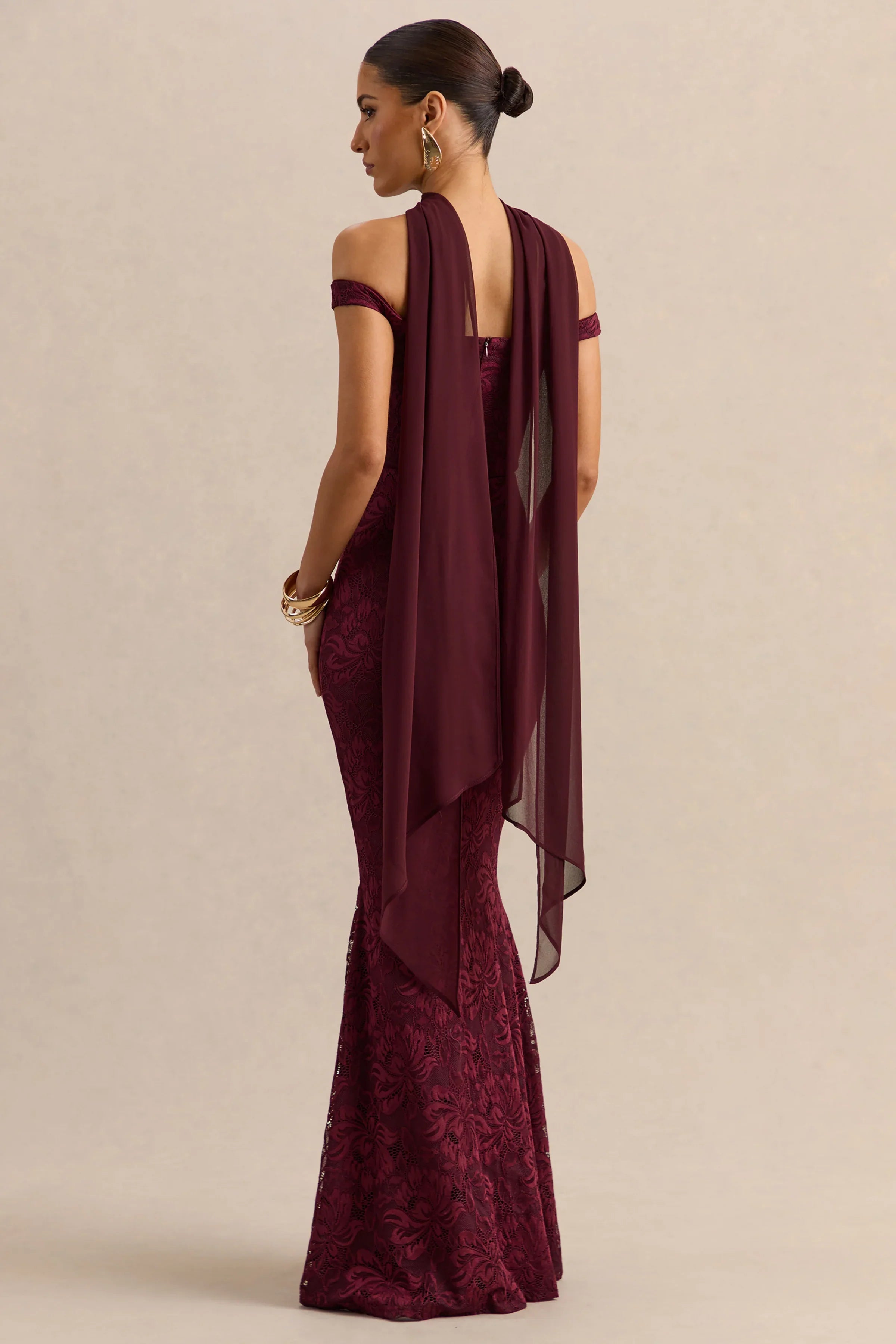 Iselle Burgundy Lace Bardot Neck Maxi Dress With Scarf Detail