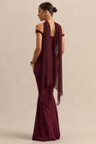 Iselle Burgundy Lace Bardot Neck Maxi Dress With Scarf Detail