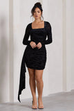 Crimson Cut Black Velvet Floral Long Sleeved Ruffled Bodycon Mini Dress