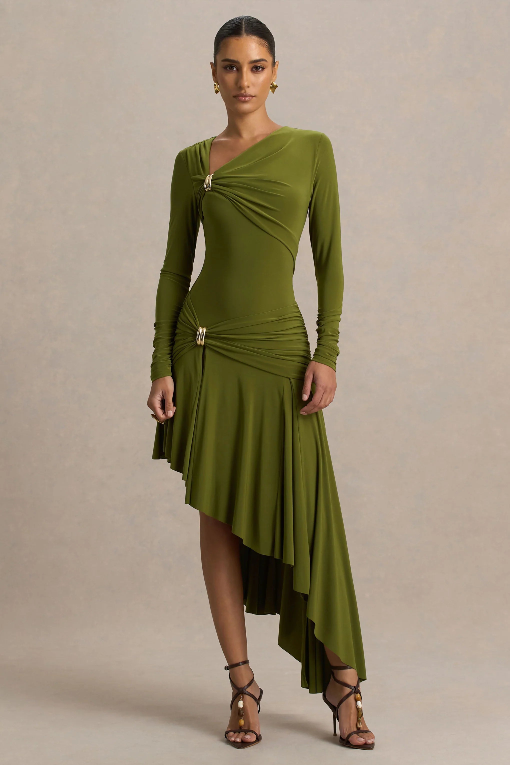 Alexia Green Asymmetric Neck Maxi Dress With Gold Details