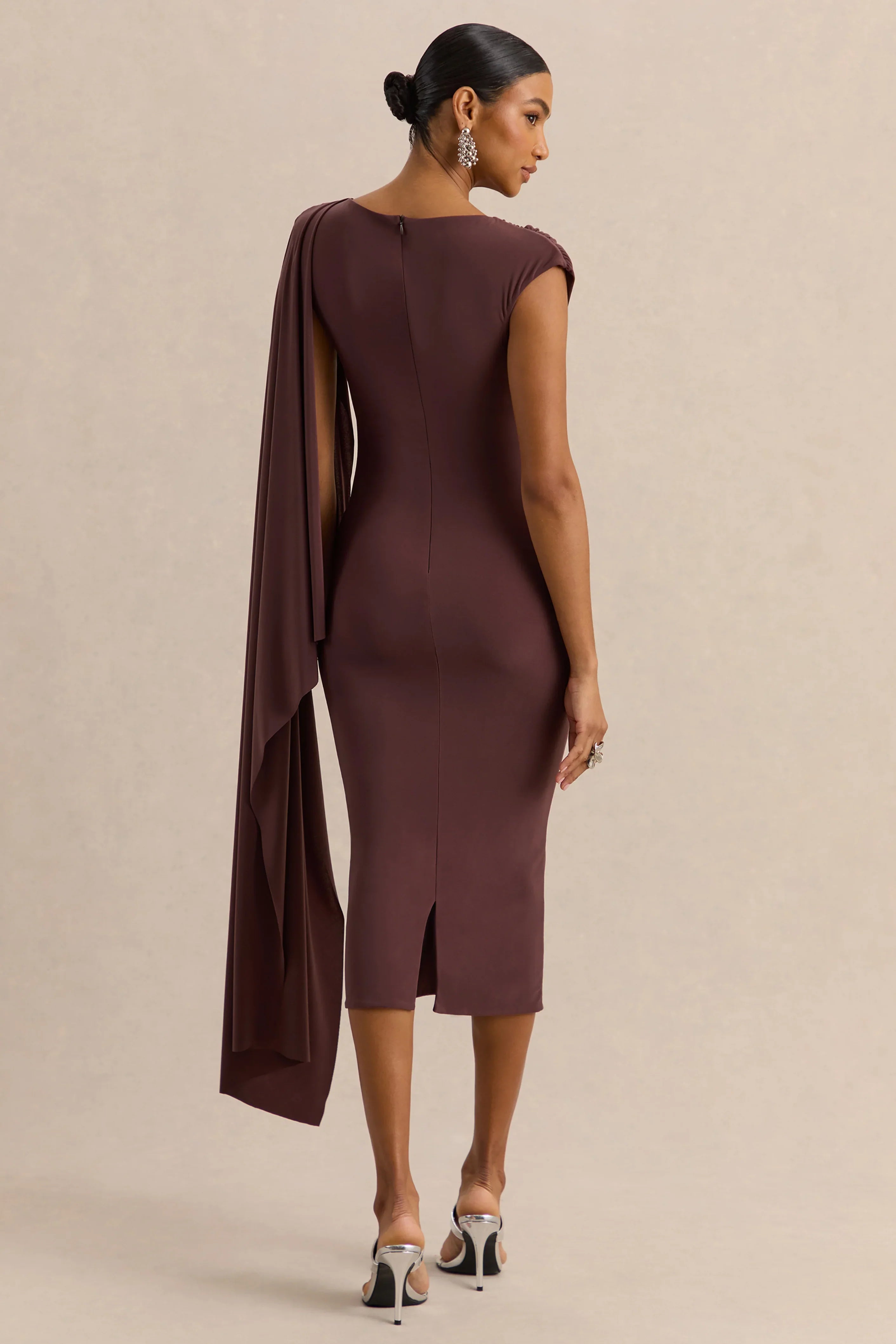 Kamoria Brown Round Neck Midi Dress With Cape Sleeve