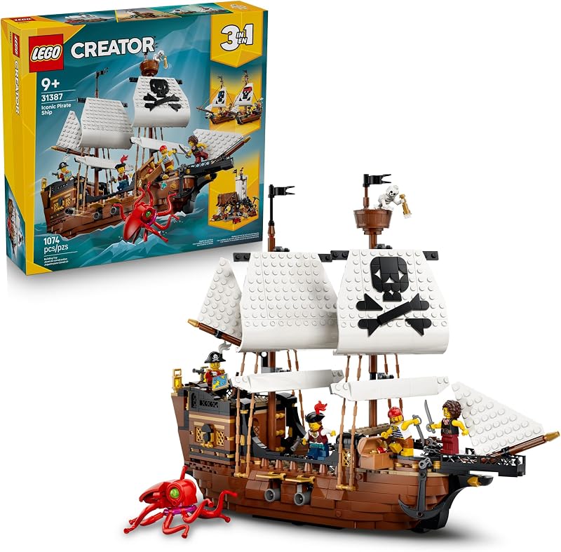 LEGO Creator 3 in 1 Iconic Pirate Ship Toy Building Set for Boys Girls Ages 9 Includes 5 Minifigures Gift for Kids Birthdays 31387