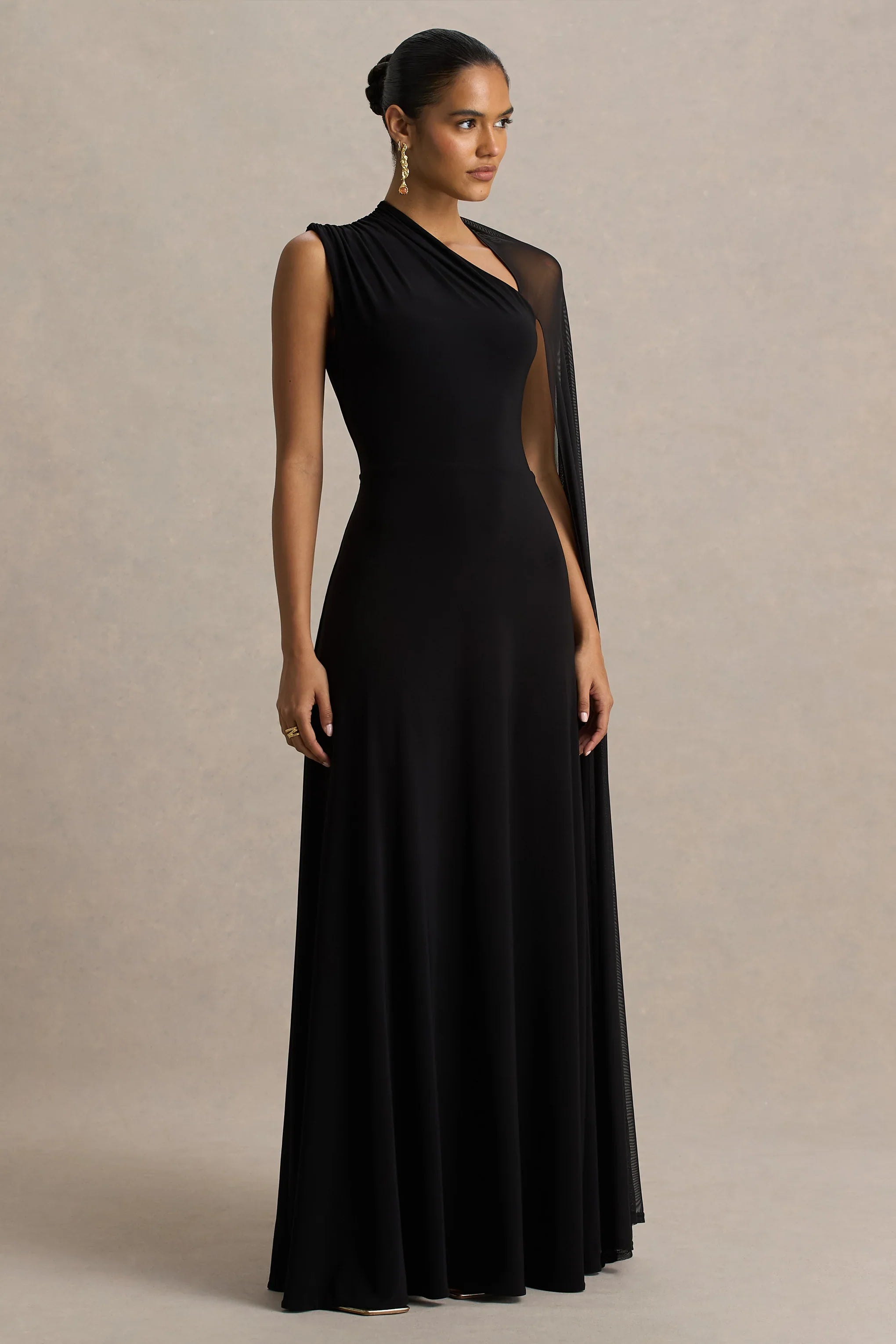 Selena Black High Neck Maxi Dress With Cut Out And Cape Sleeve Detail