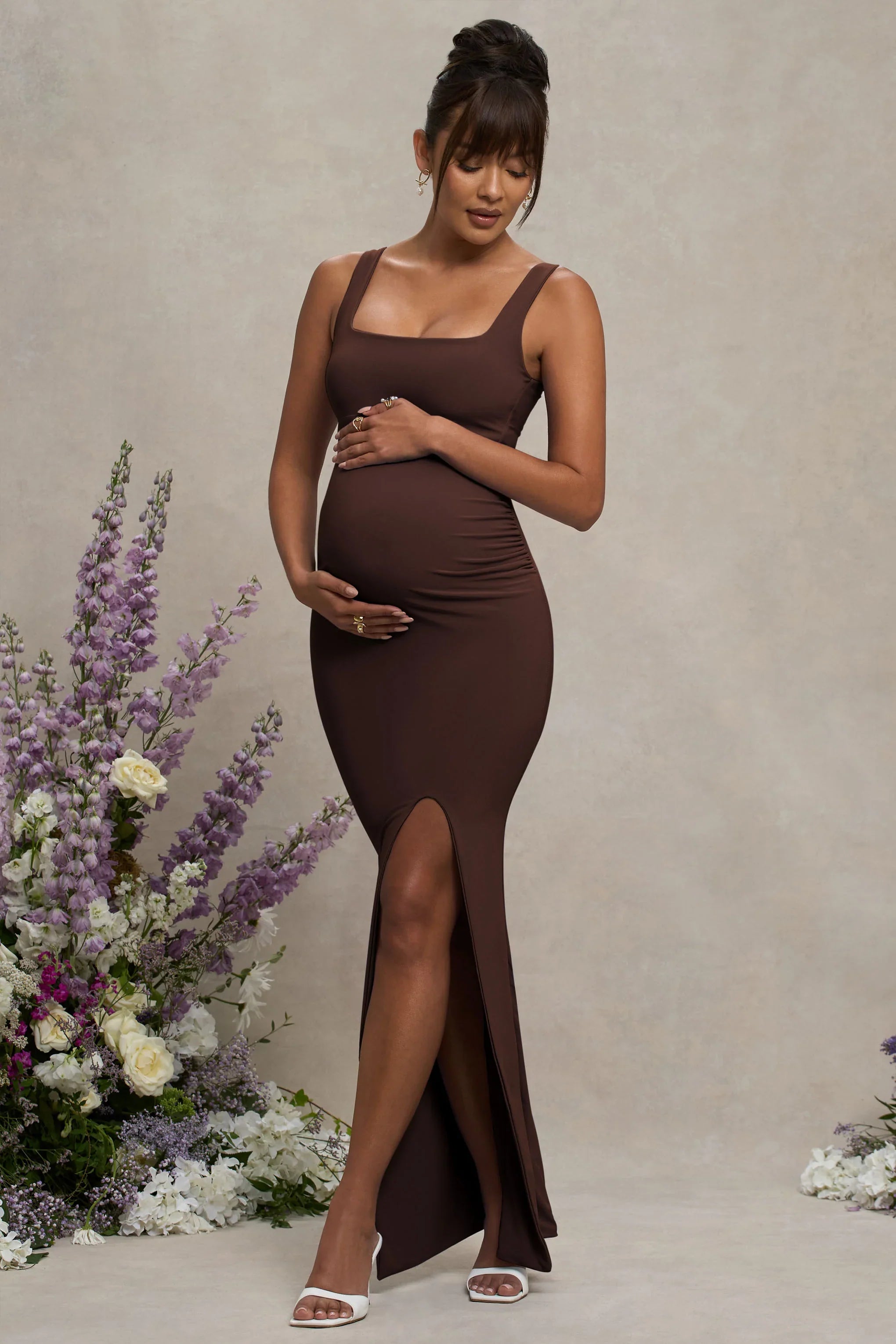 Avril Brown Square Neck Maternity Maxi Dress with Split