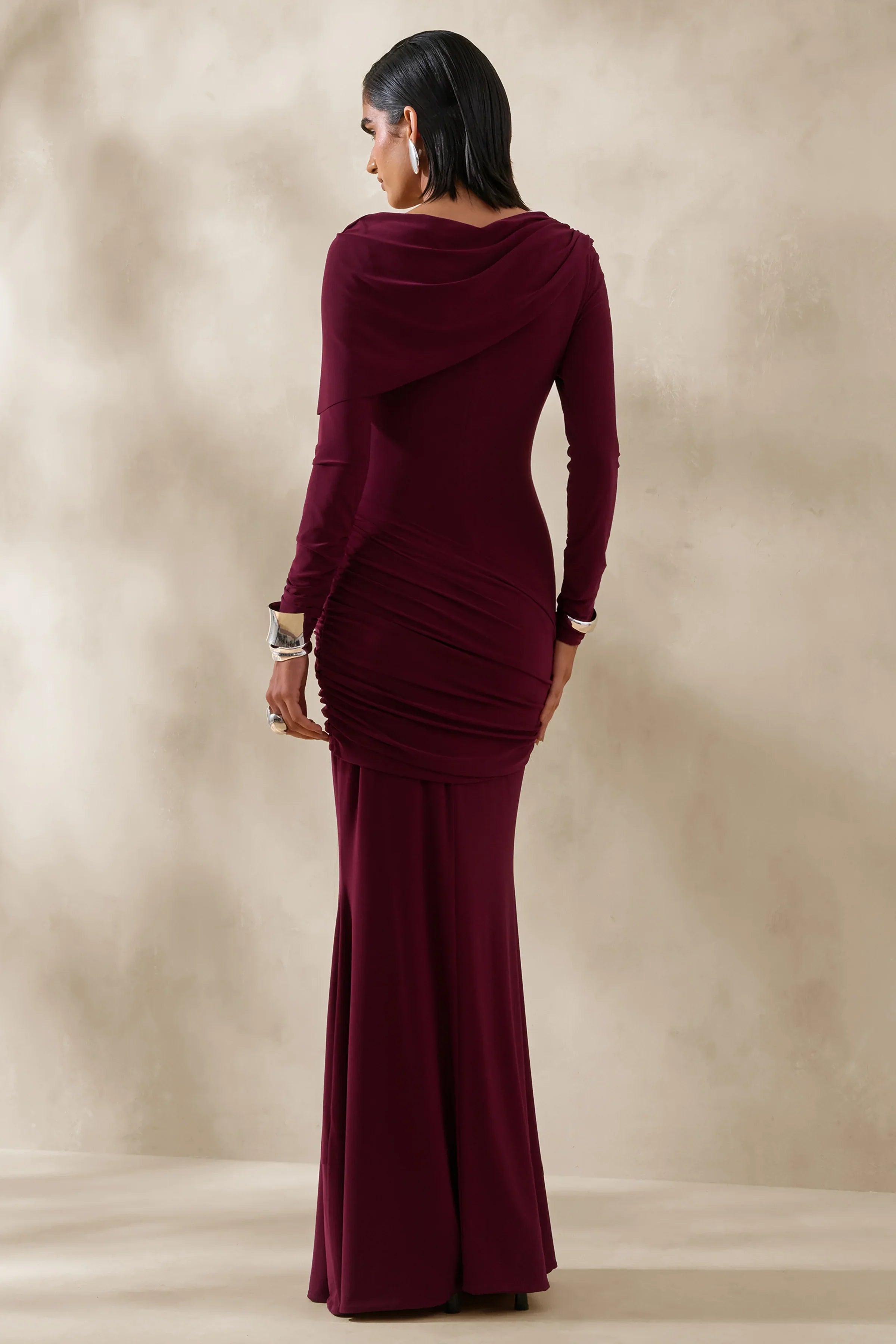 Kessara Burgundy Asymmetric Neck Maxi Dress With Sash And Gathered Detailing