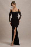 Milana Black Square Neck Draped Wrap Maxi Dress With Long Sleeves