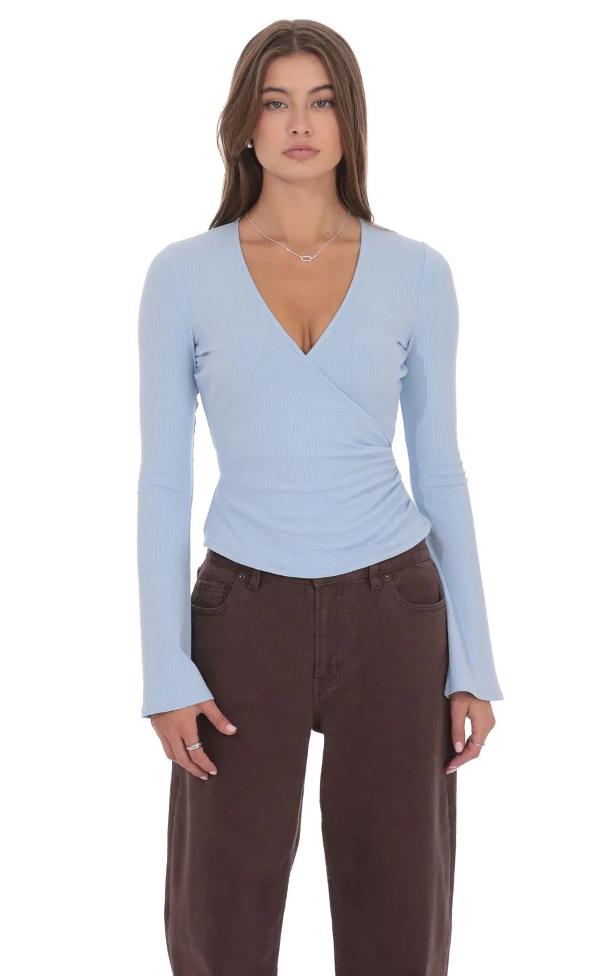 V Neck Overlap Top in Light Blue