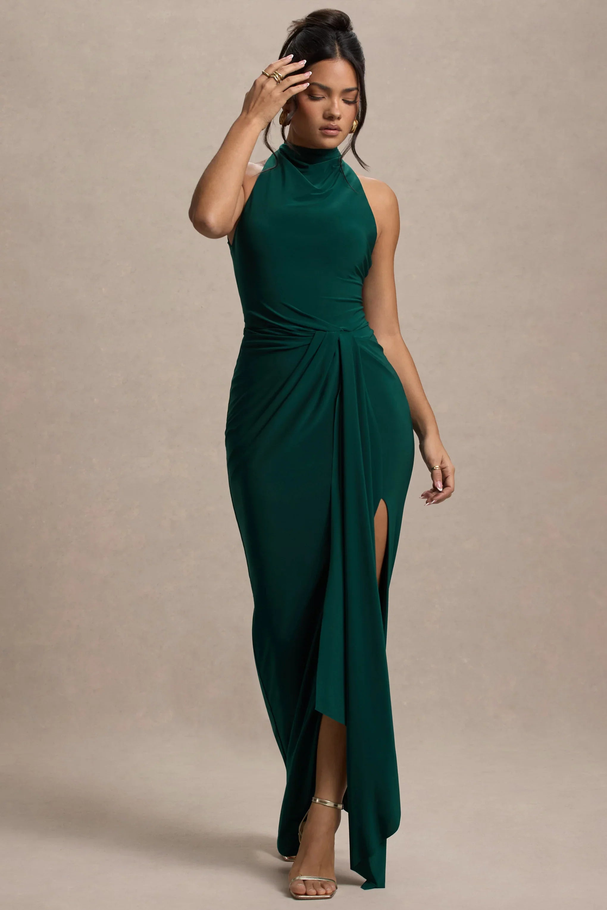 Khari Bottle Green High Neck Twisted Maxi Dress With Drape