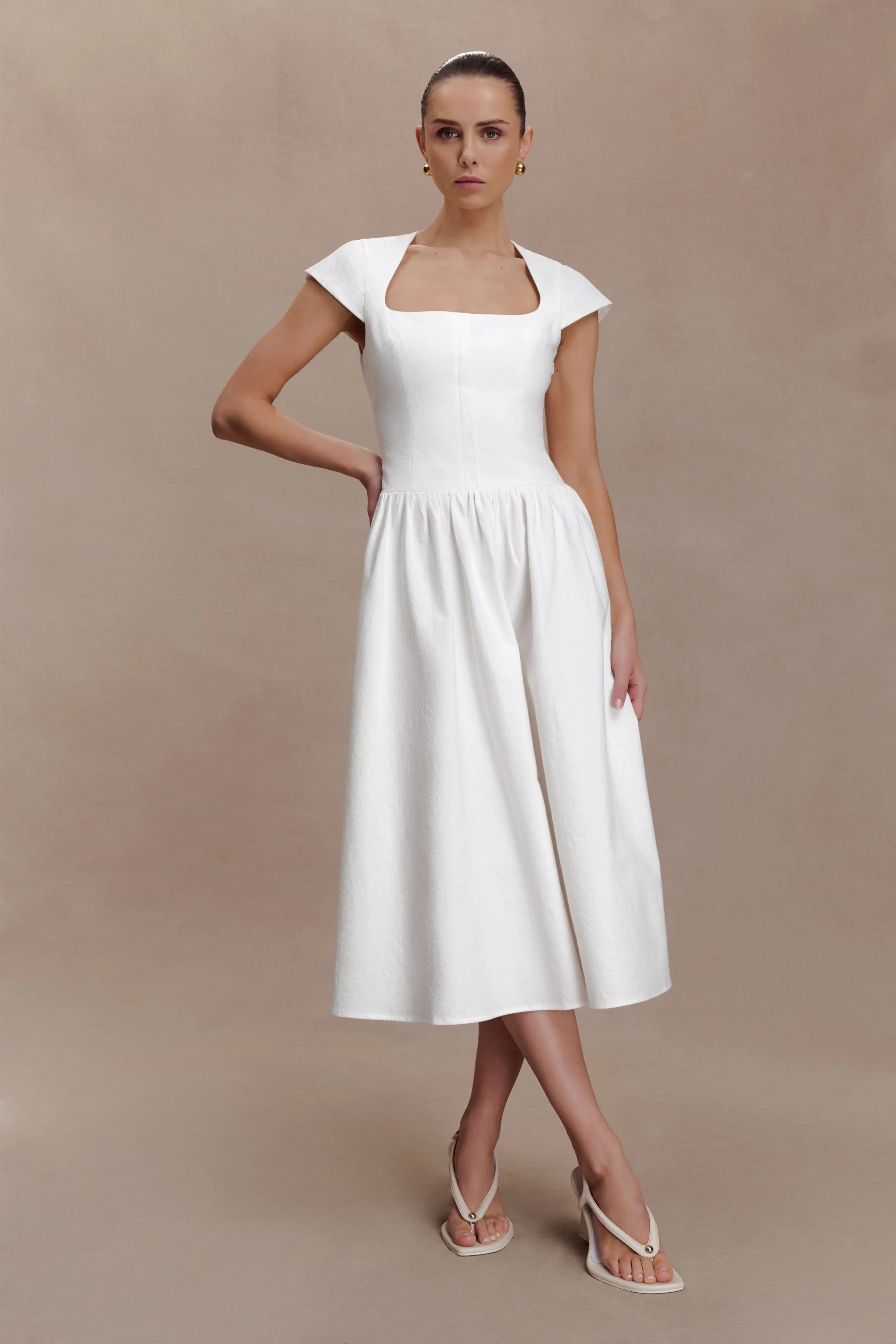 Ayla Cotton Fit And Flare Midi Dress White