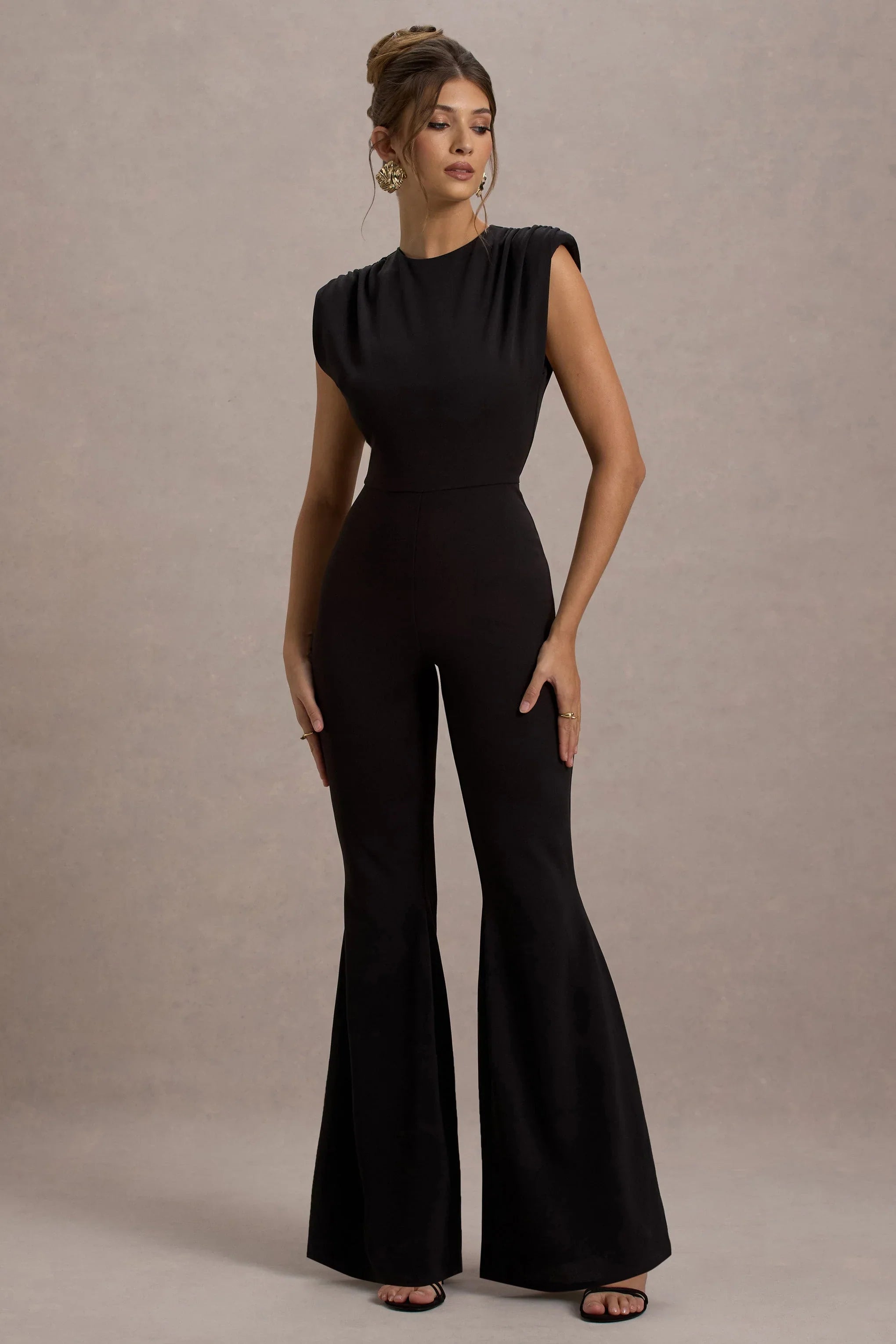 Elyna Black High Neck Draped Flared Leg Jumpsuit