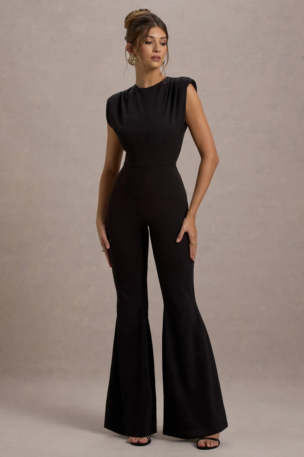 Elyna Black High Neck Draped Flared Leg Jumpsuit