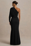 Lola Black Asymmetric Neck Maxi Dress With Ruched Detailing And Front High Split