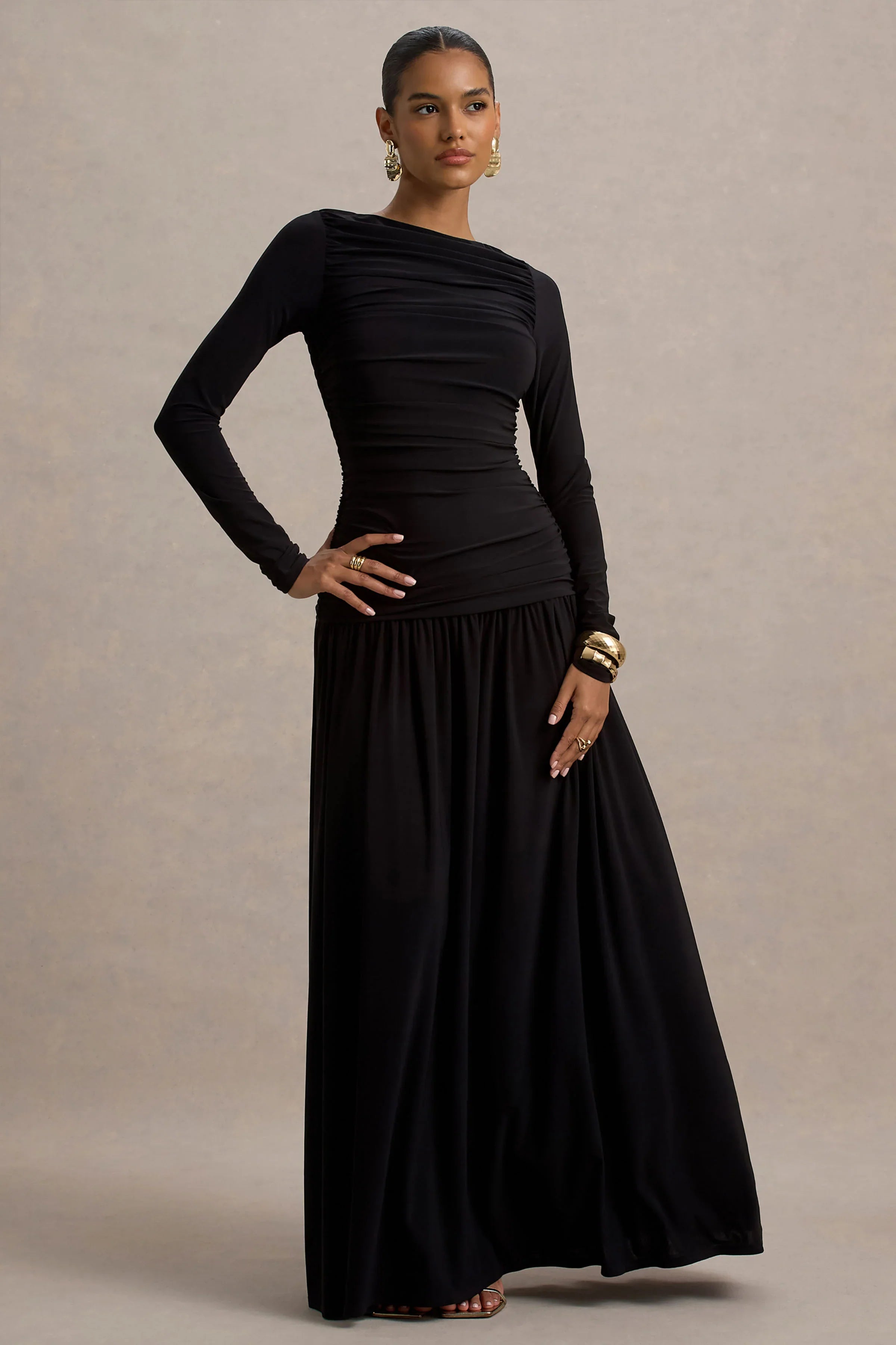 Aniyah Black High Neck Maxi Dress With Ruched Detailing