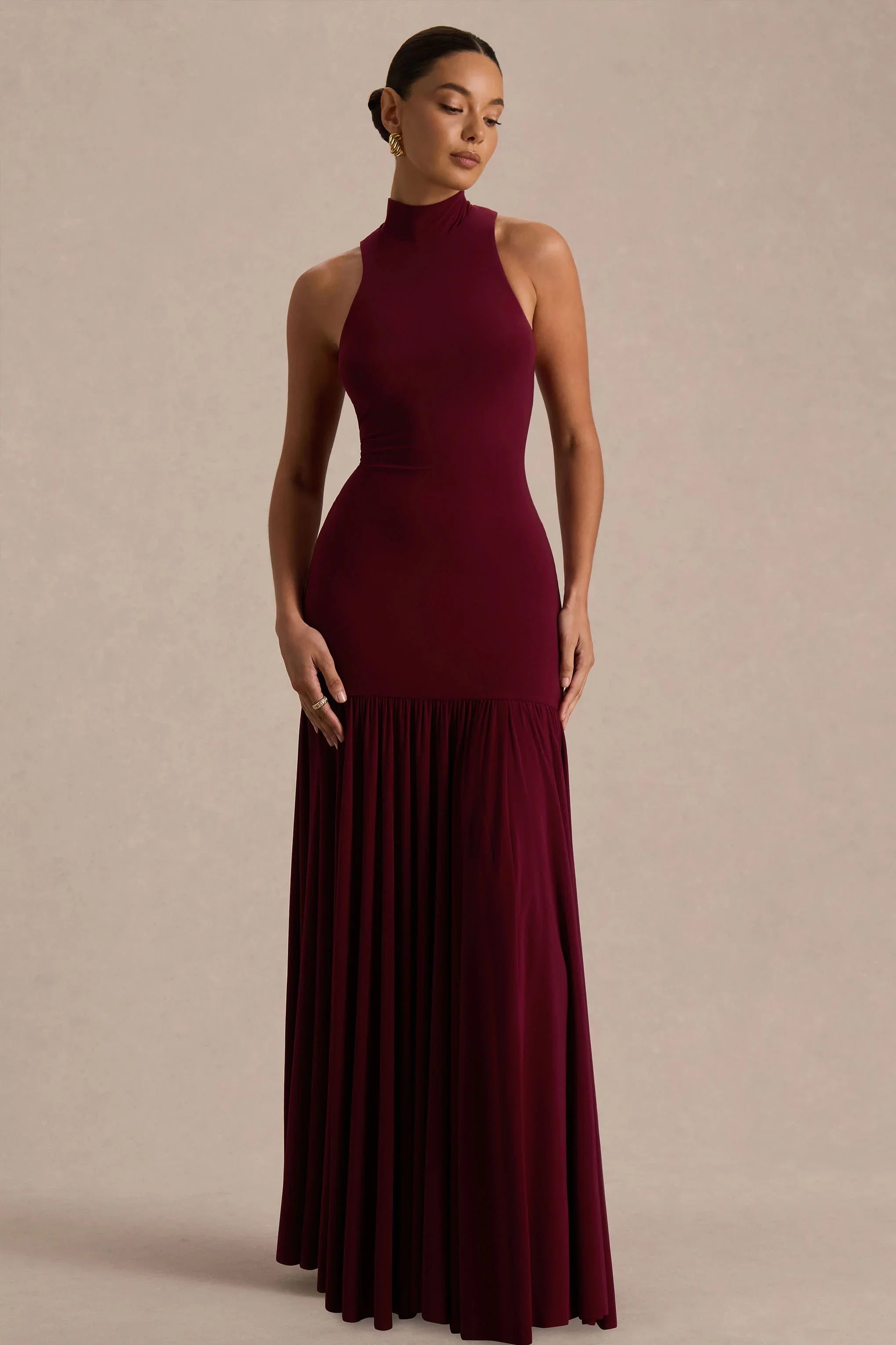 Tasmin Burgundy High Neck Maxi Dress With Drop Waist