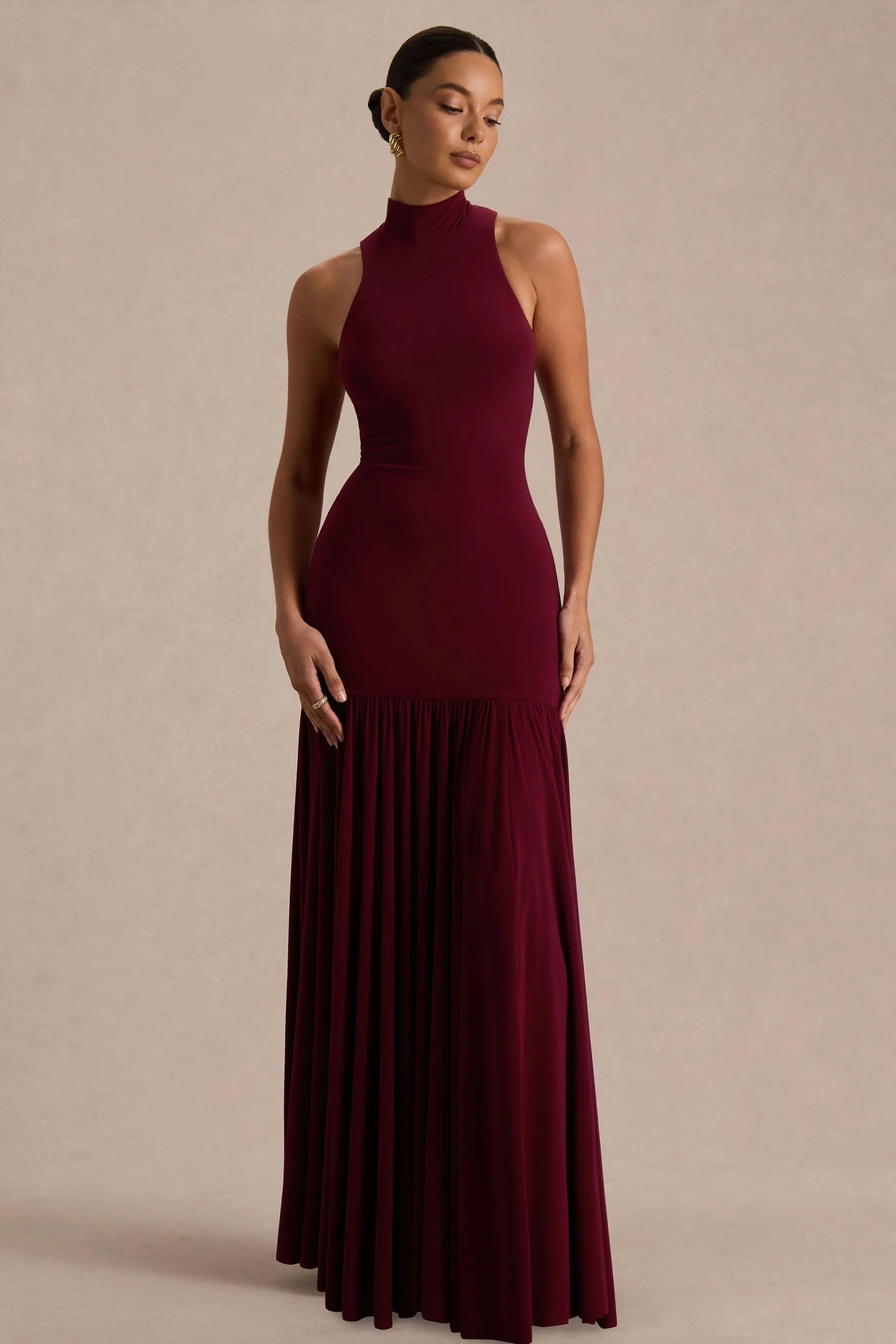 Tasmin Burgundy High Neck Maxi Dress With Drop Waist