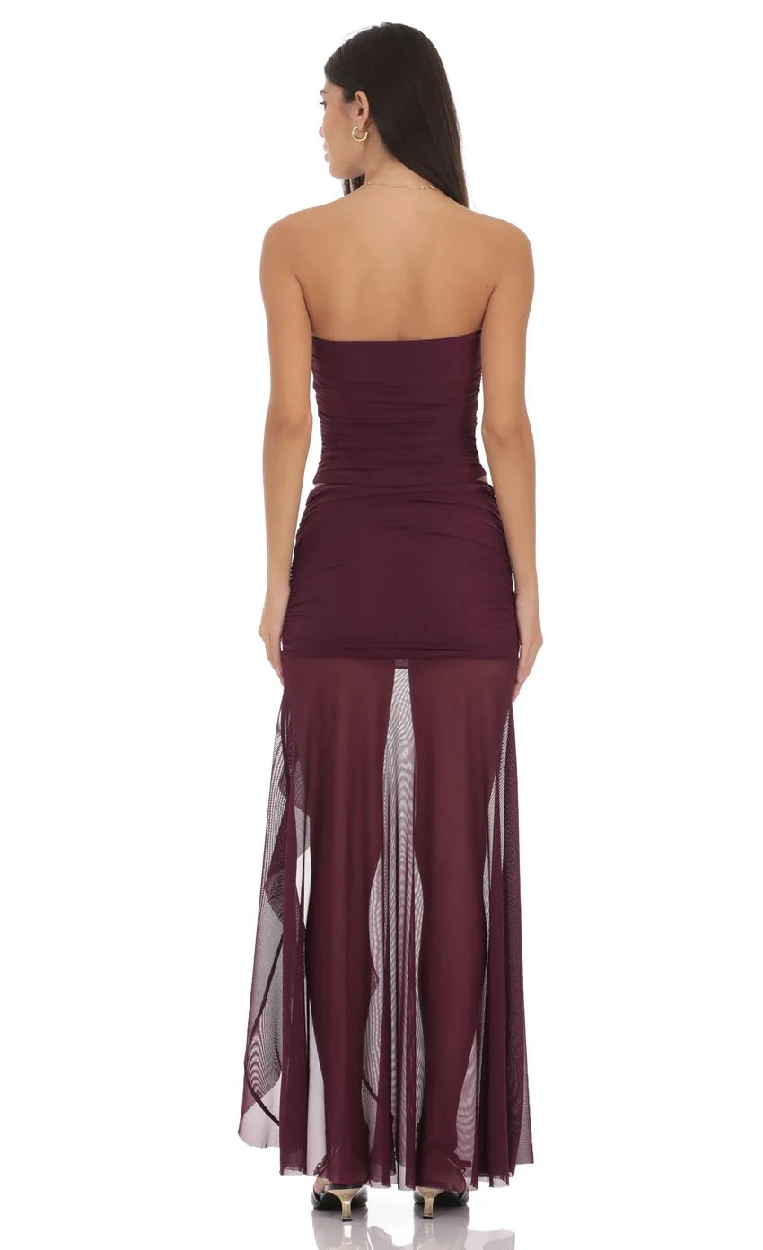 Mesh Fishtail Maxi Skirt in Plum