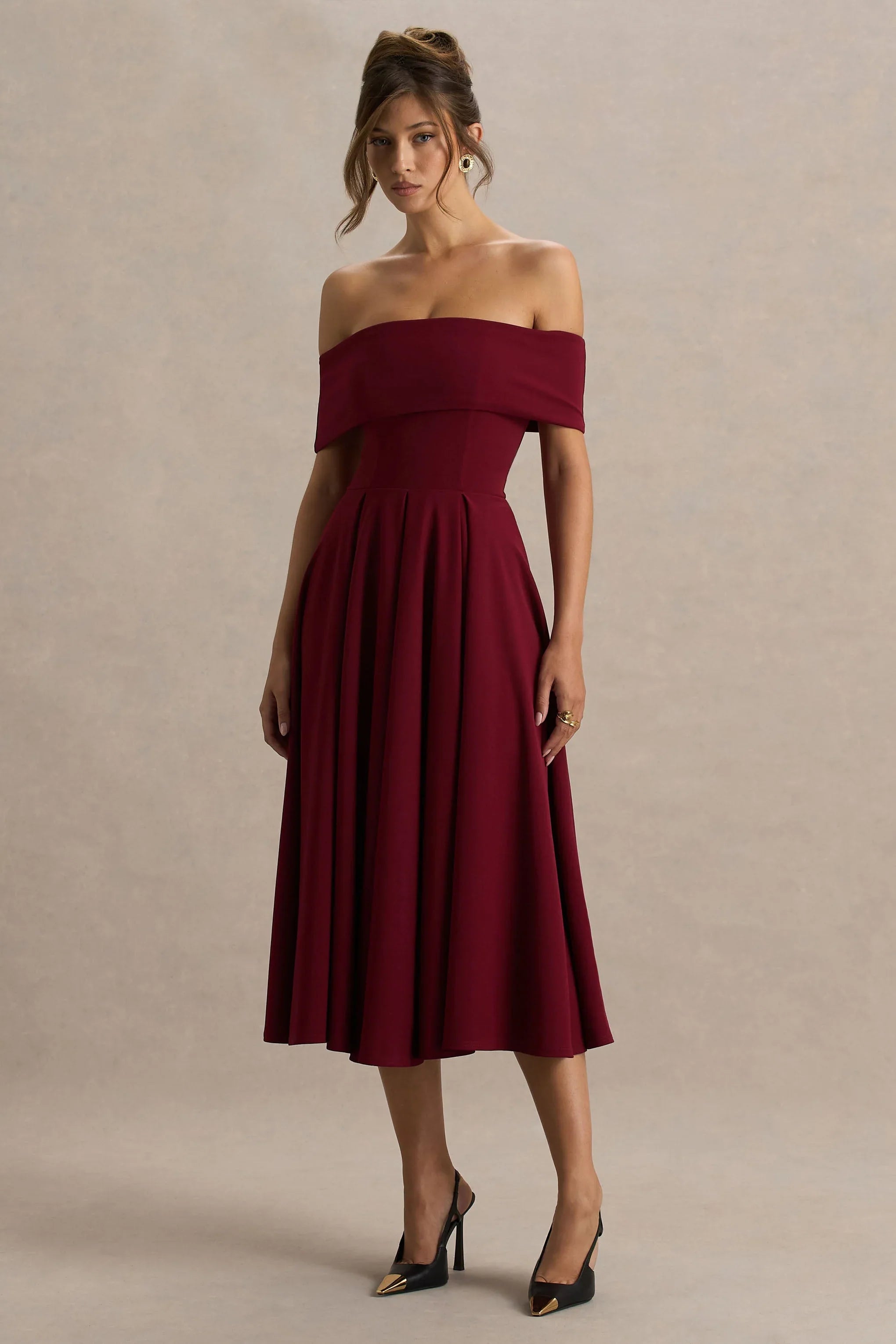 Isabella Burgundy Bardot Neck Midi Dress