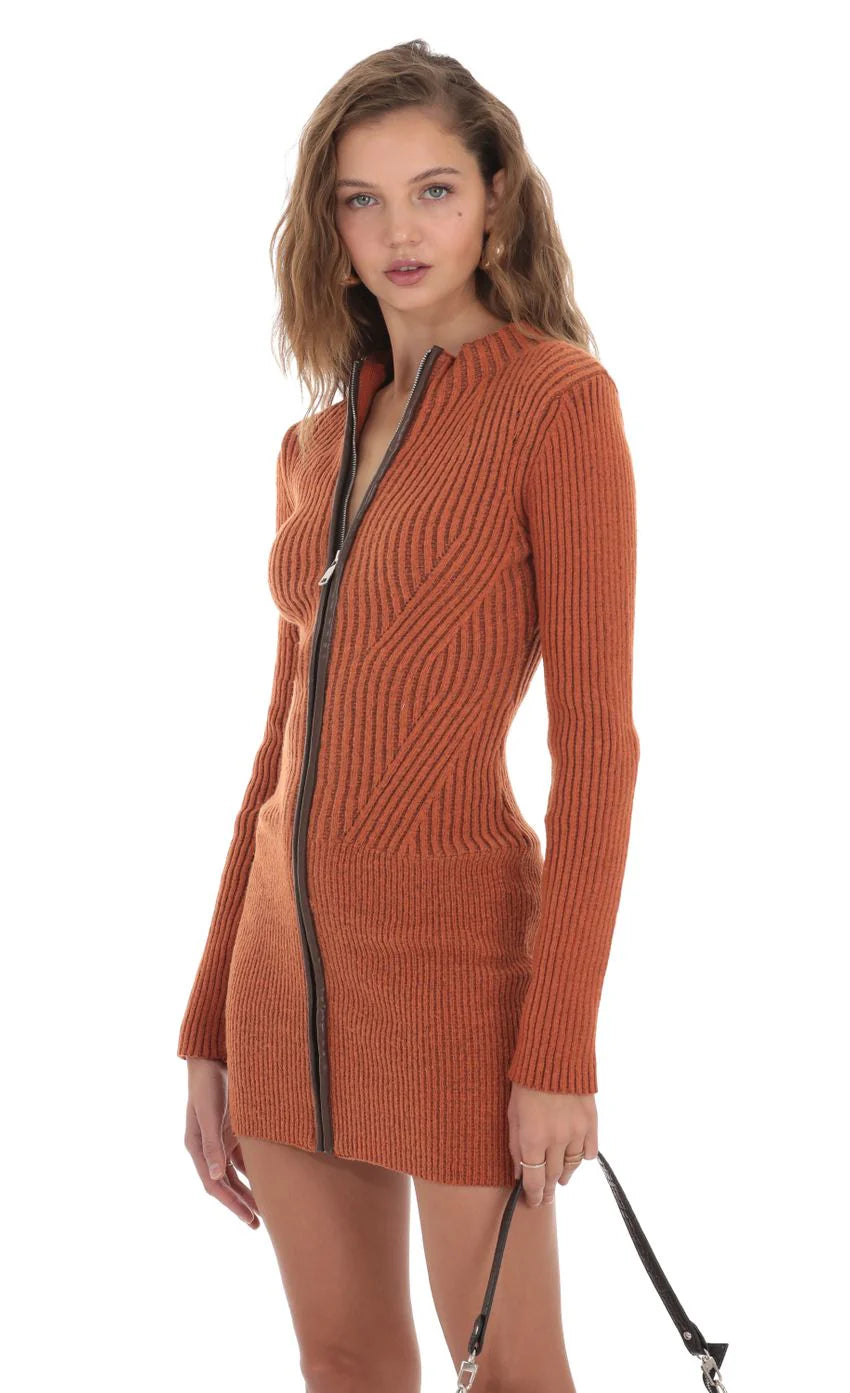 Front Zip Knit Dress in Orange