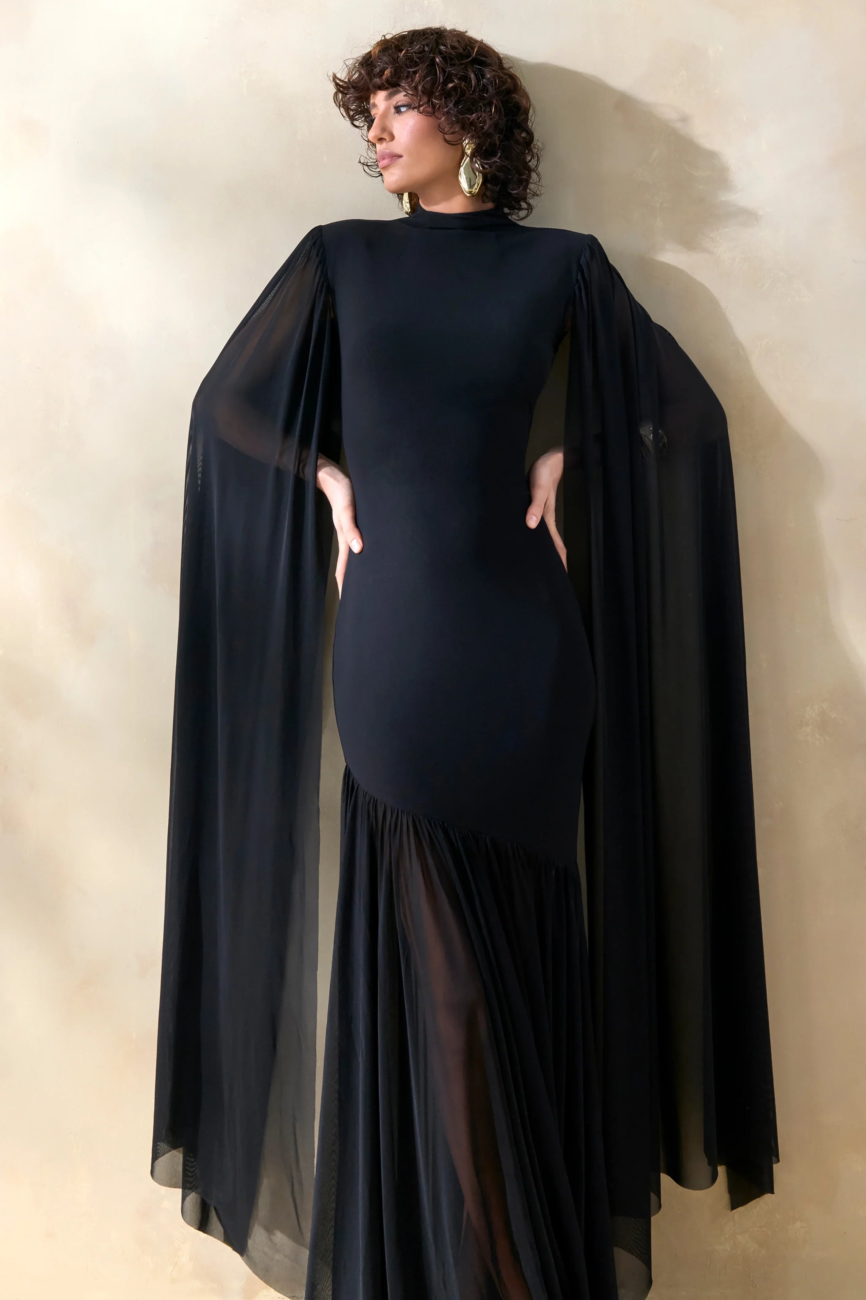 Chantelle Black High Neck Maxi Dress With Drop Waist And Cape Sleeves
