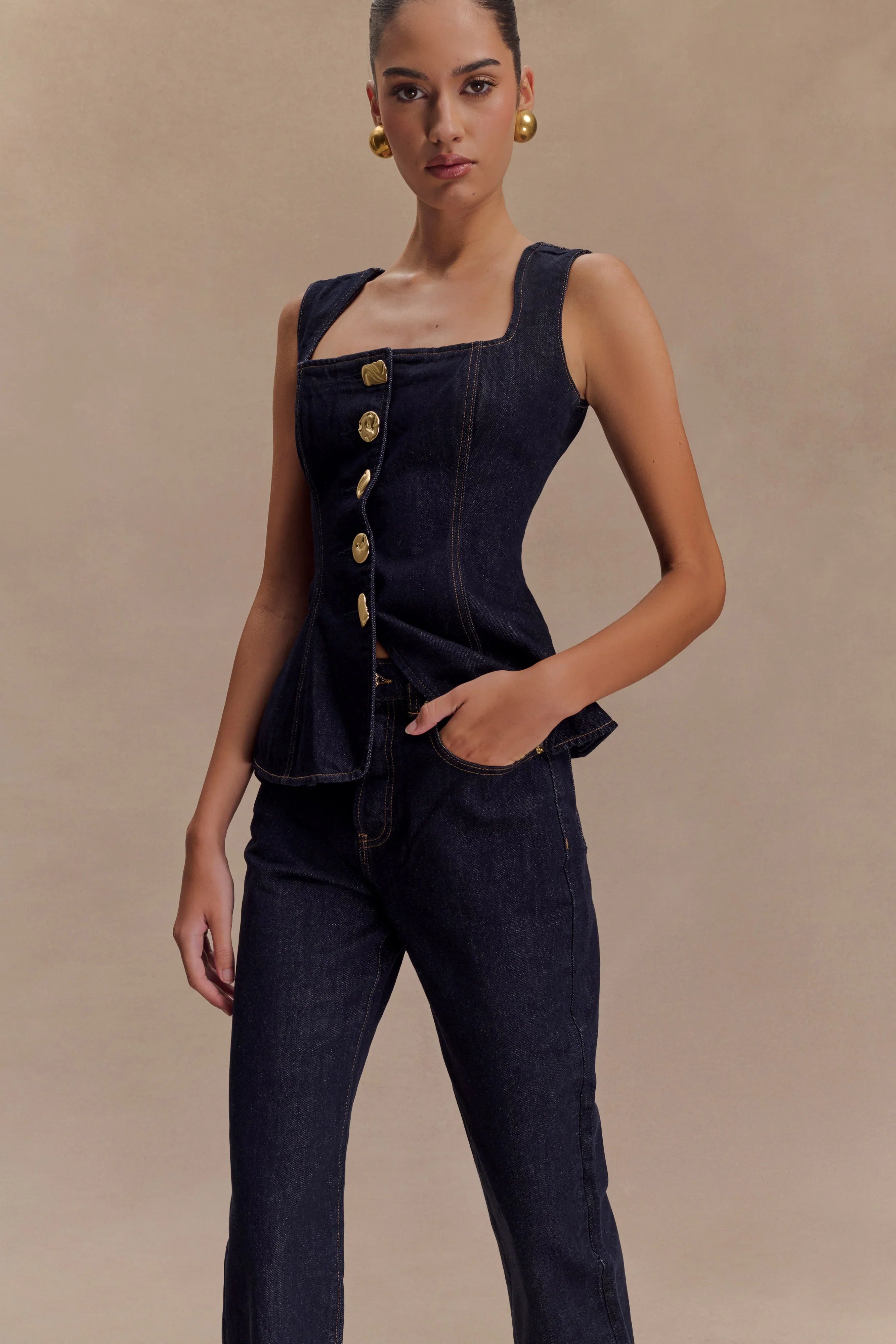 Neve Sleeveless Buttoned Denim Top Washed Indigo Blue