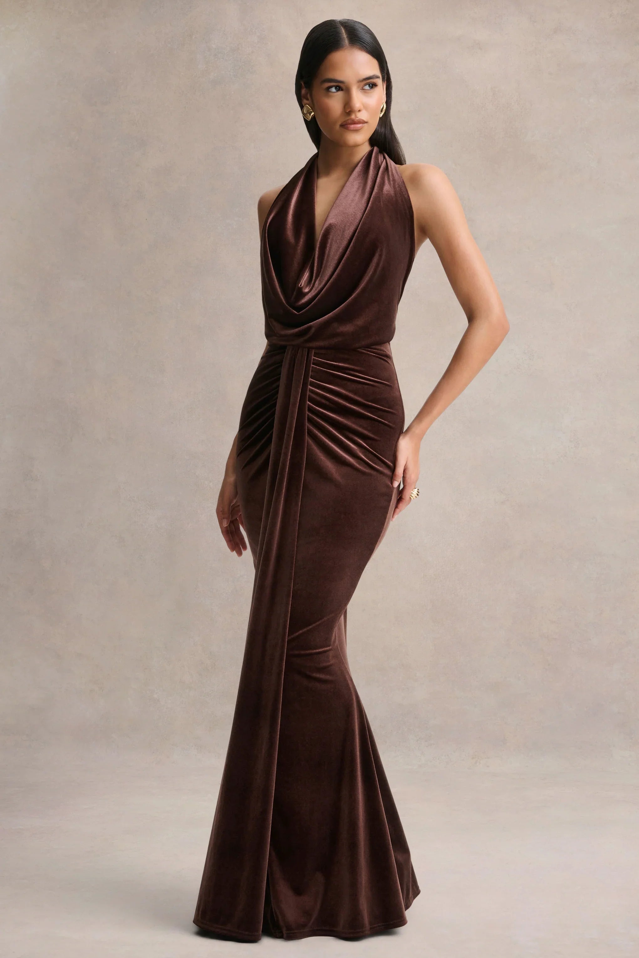 Lavernia Brown Velvet Halter Neck Maxi Dress With Gathered Detailing