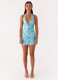 Merida Halterneck Beaded Mini Dress Blue