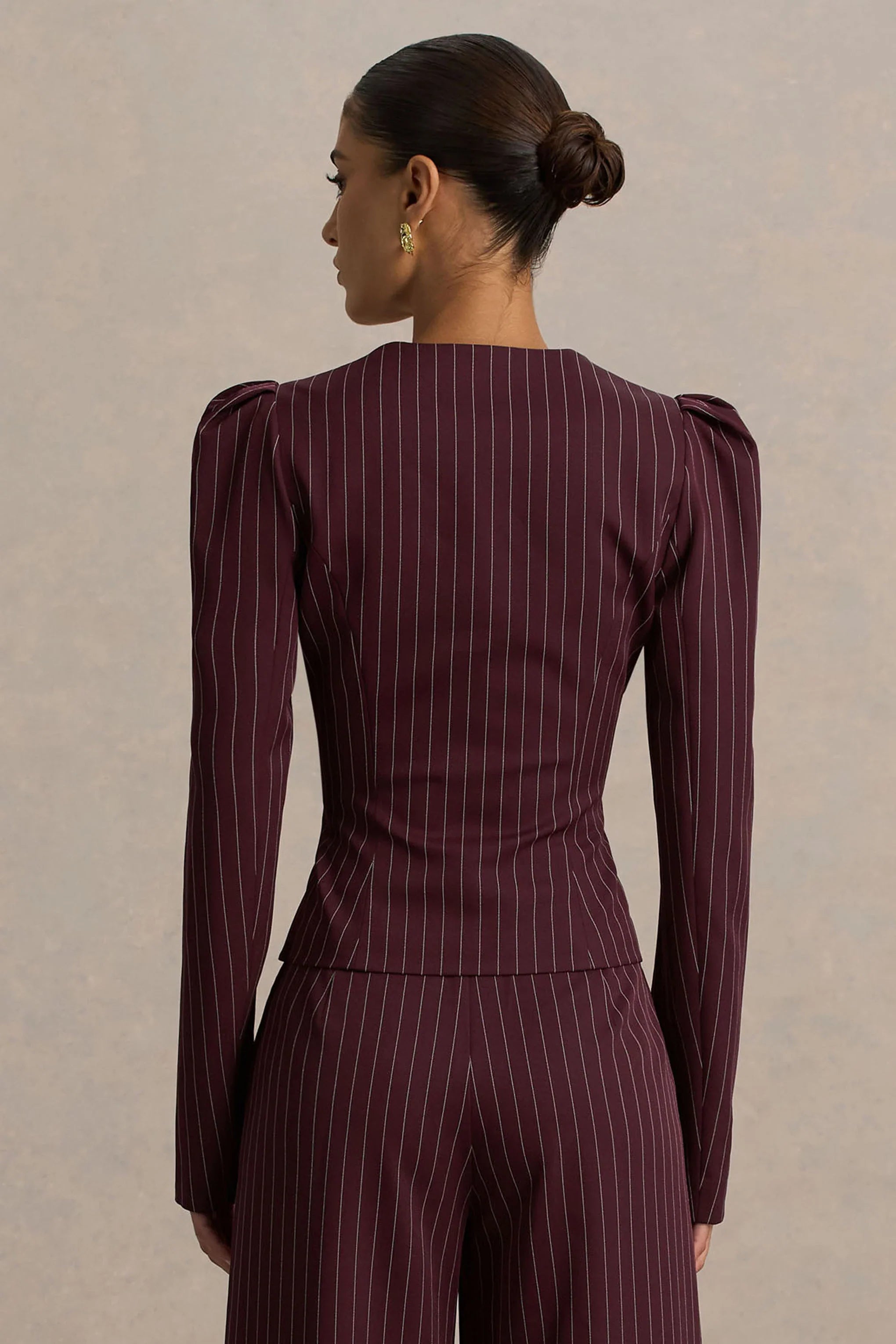 Lana Burgundy Pinstripe Woven Sweetheart Neck Tailored Top