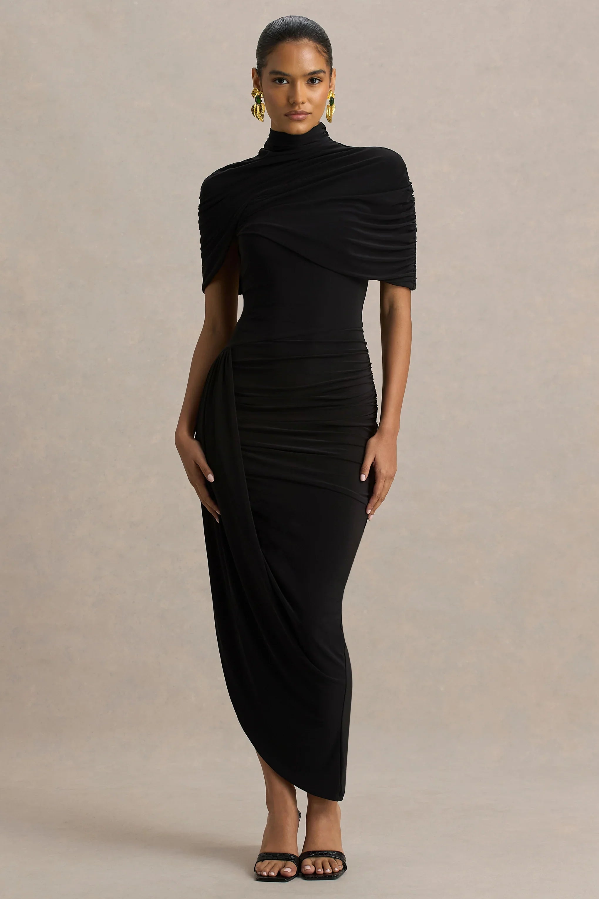 Enchant Black Asymmetric Twisted Cape Midi Dress