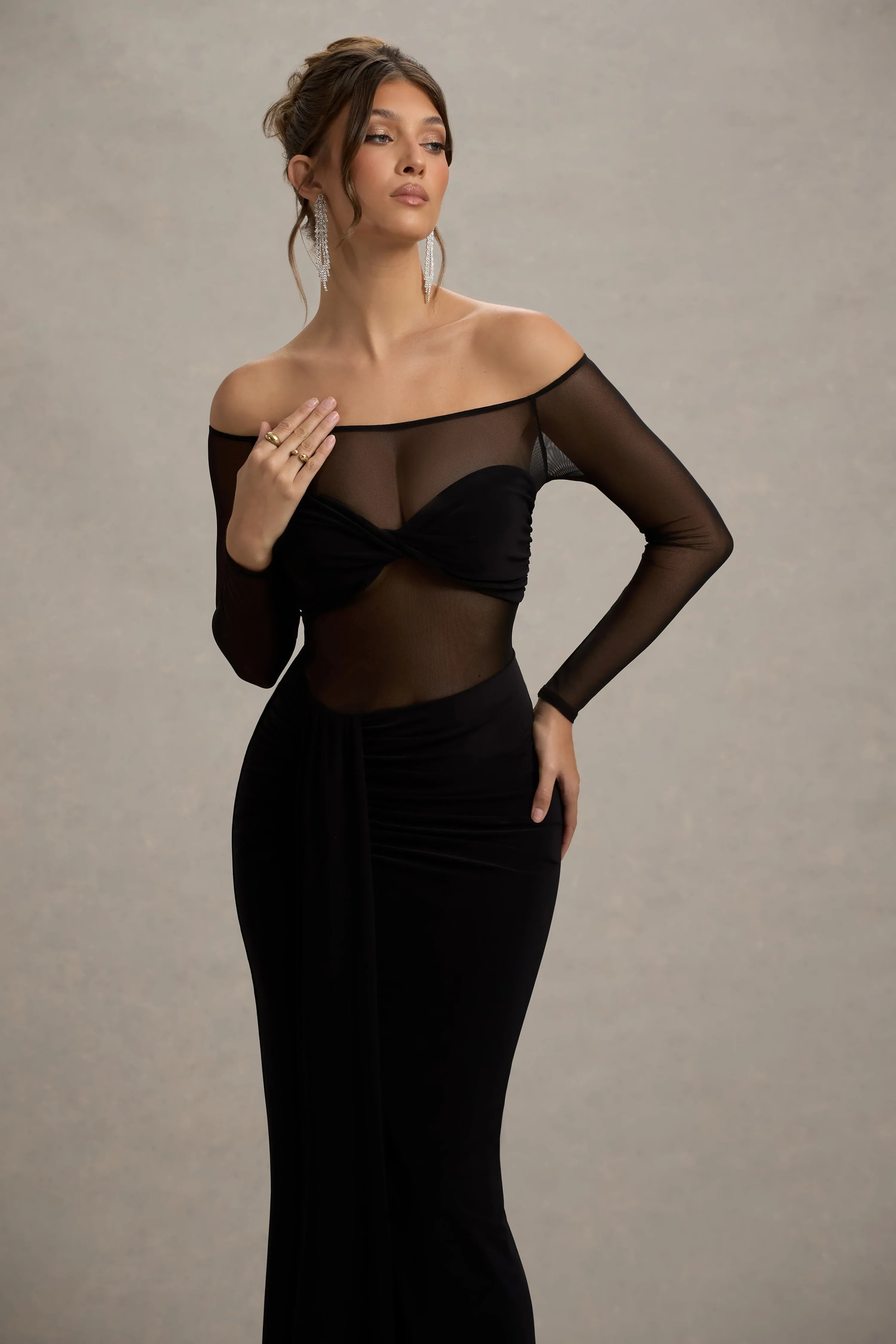 Cover Star Black Mesh Bardot Long Sleeve Draped Maxi Dress