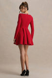 Astonish Red Long Sleeve Embellished Square Neck Mini Dress With Volume Skirt