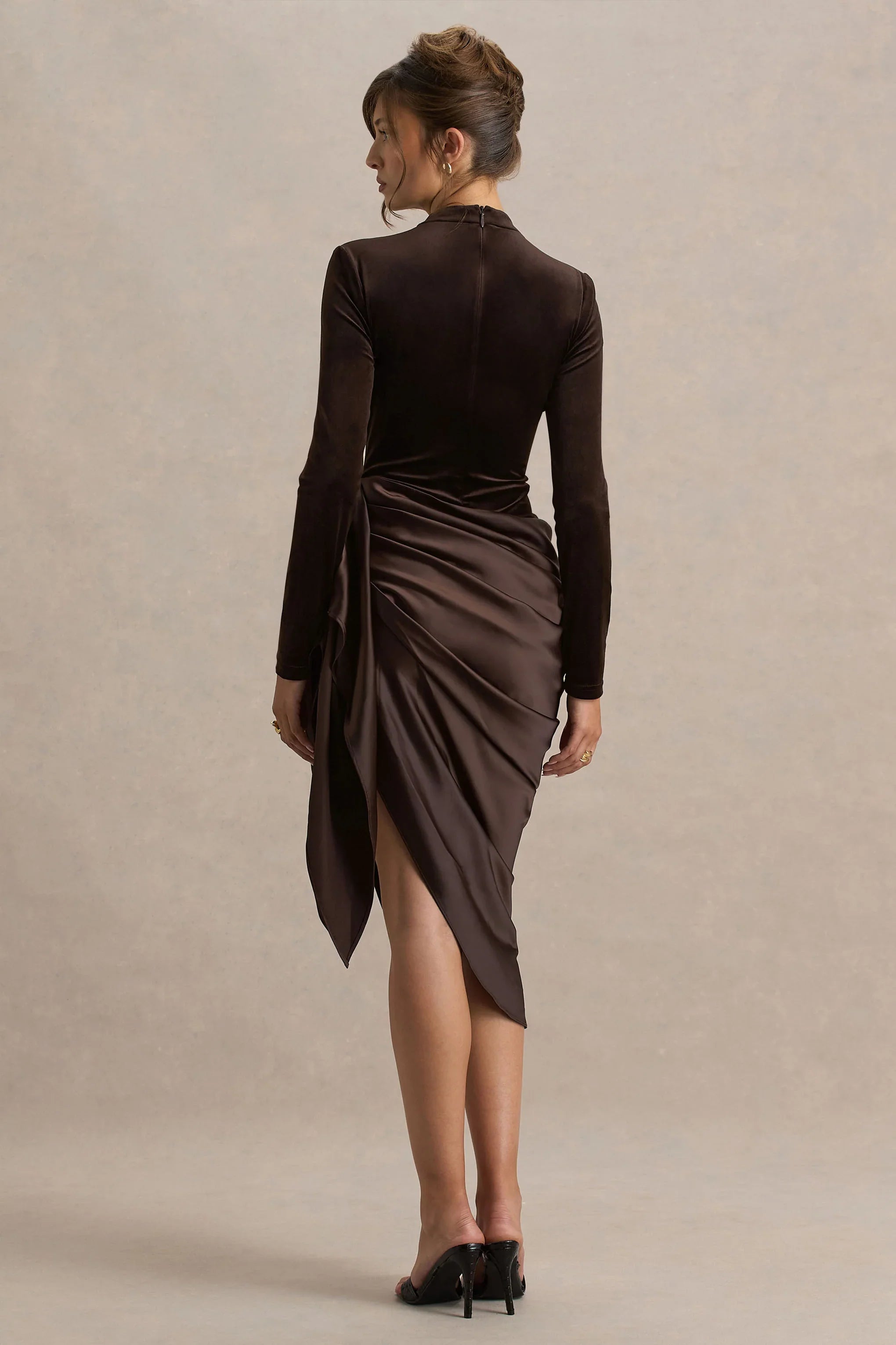 Sasha Brown Satin And Velvet Midi Dress With Wrap Detail