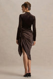 Sasha Brown Satin And Velvet Midi Dress With Wrap Detail