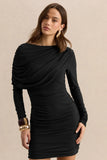 Anavine Black Round Neck Mini Dress With Long Sleeves And Draped Detailing