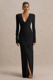 Jewel Black Plunge Neck Maxi Dress With Front Split and Ruched Detailing
