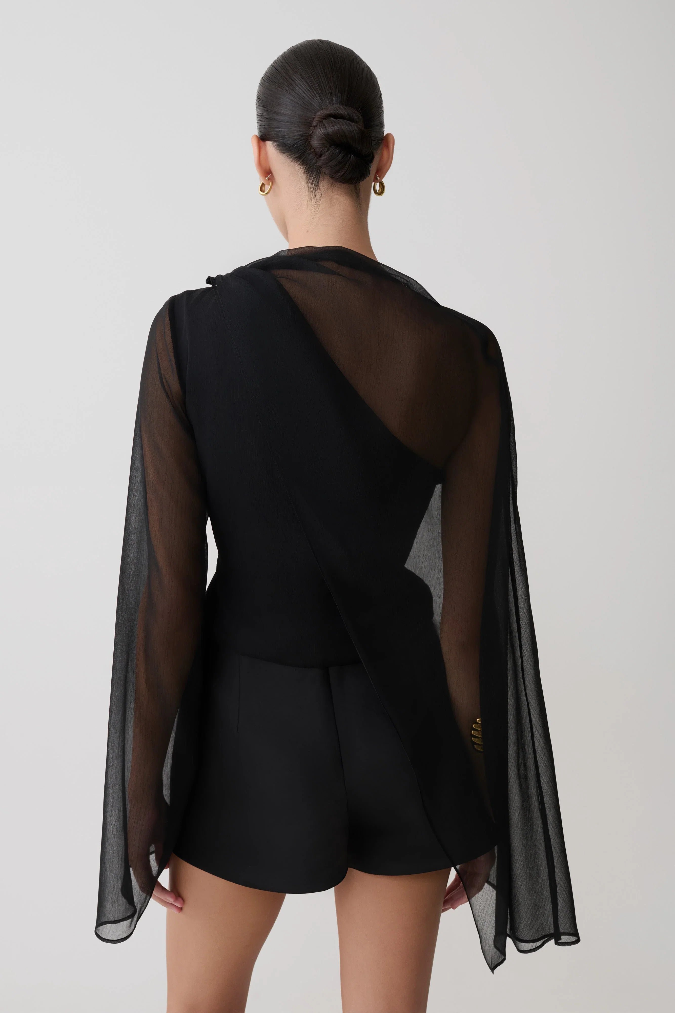 Ida Sheer Asymmetrical Long Sleeve Cape Black