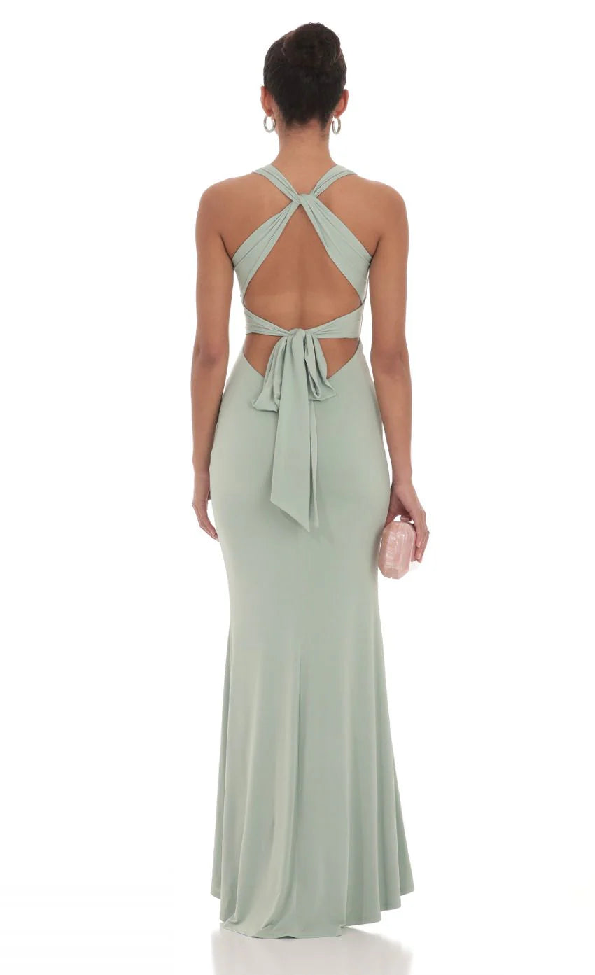 Front Twist V Neck Maxi Dress in Sage