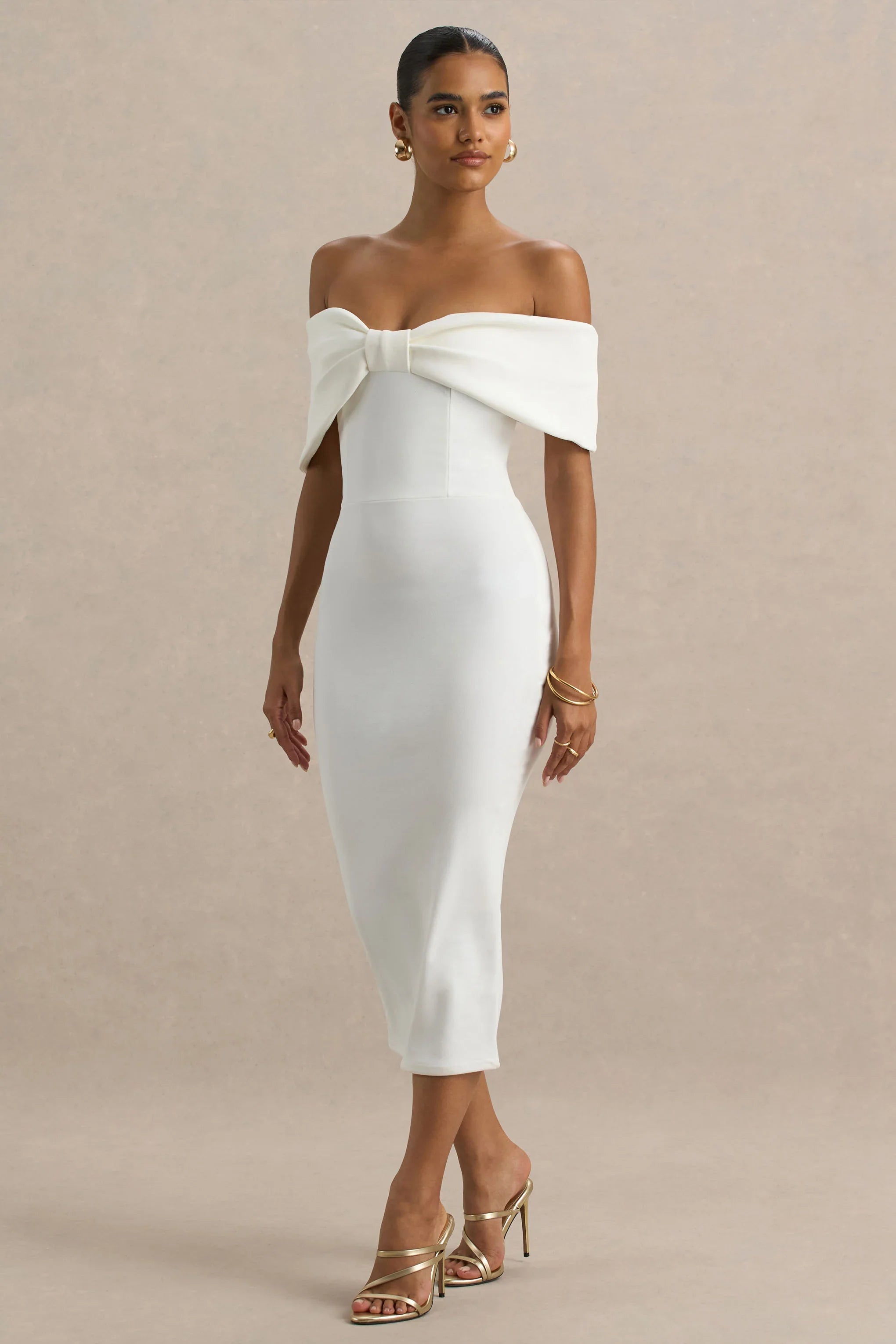 Bayshore White Bow Bardot Midi Dress