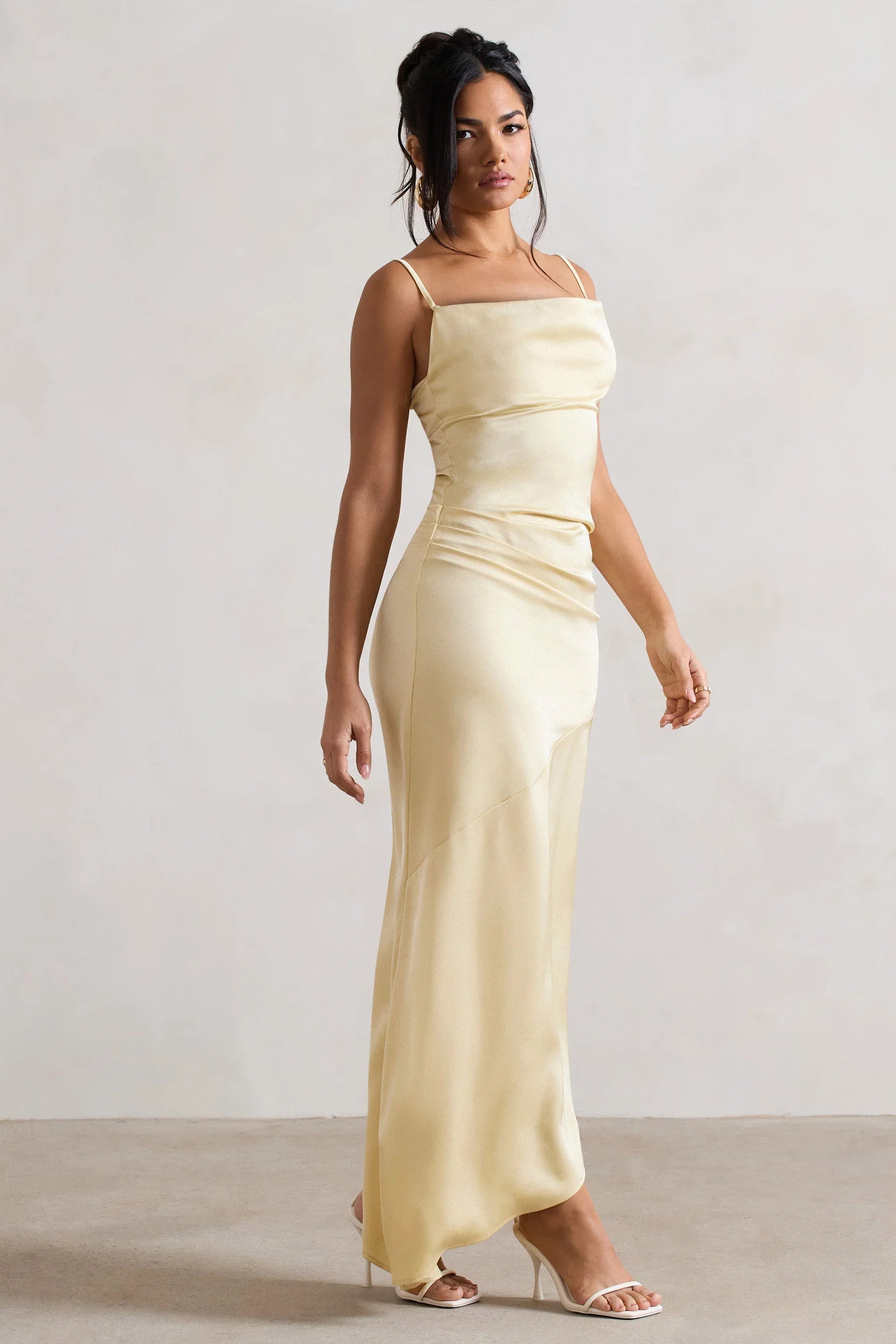 Santi Lemon Satin Cowl Neck Asymmetric Maxi Dress