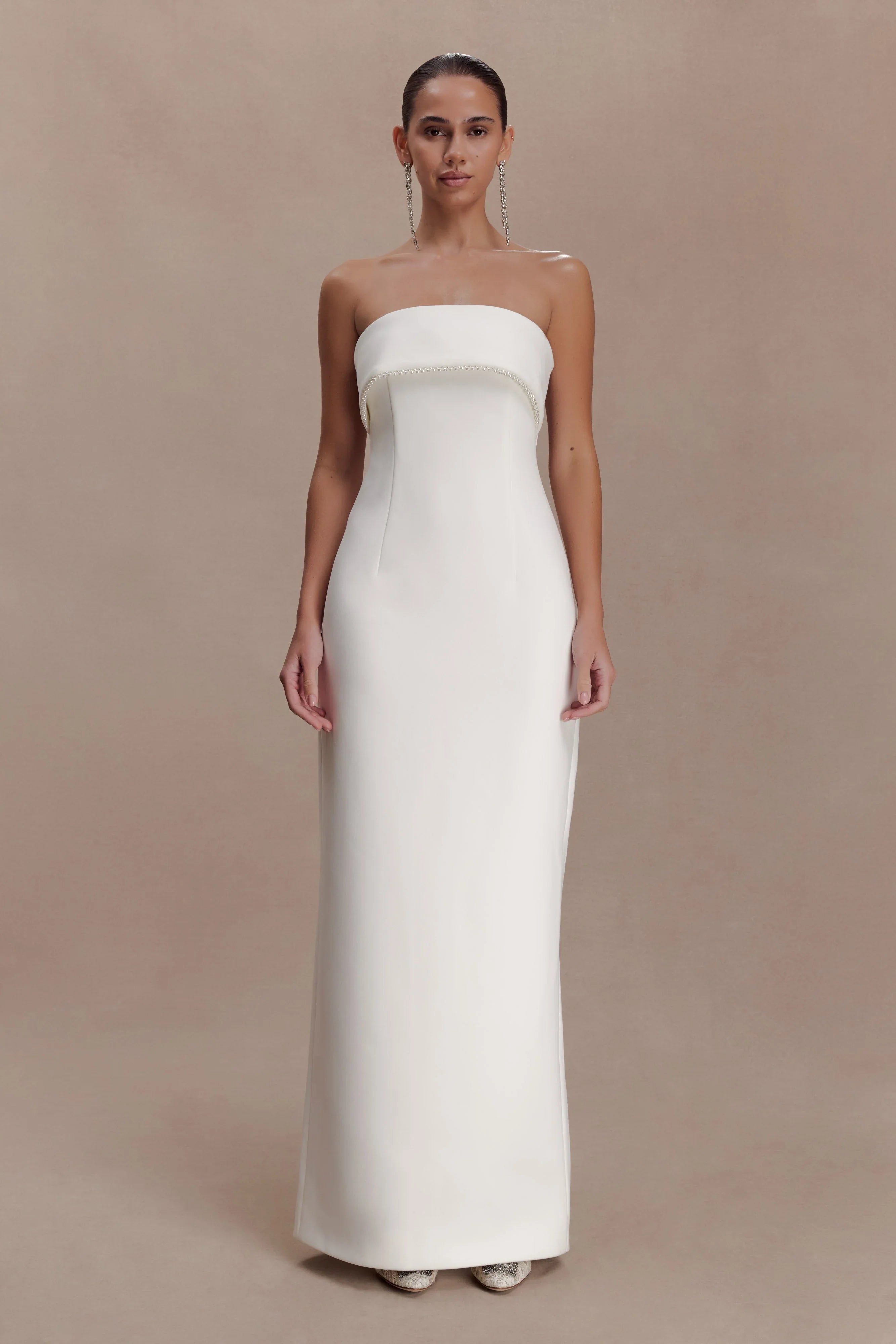 Sloane Strapless Maxi Dress With Pearls White