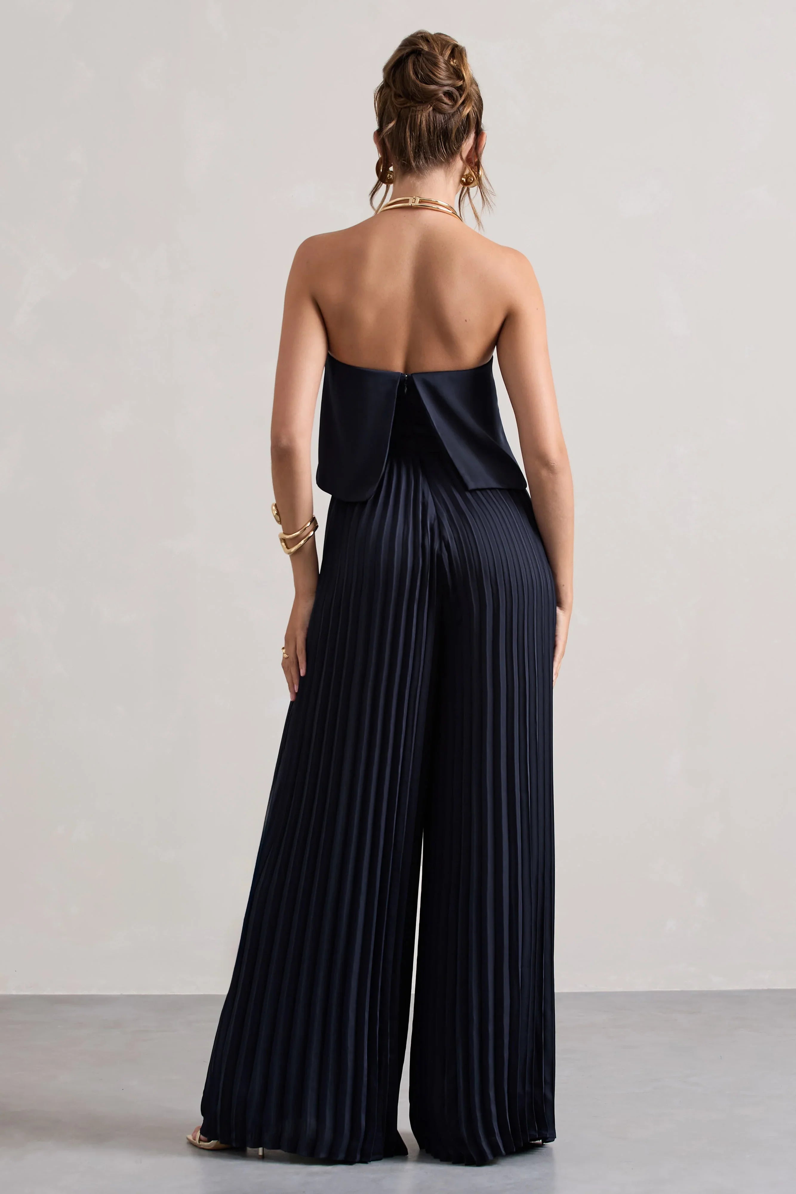 Tammi Navy Satin Strapless Plisse Wide Leg Jumpsuit