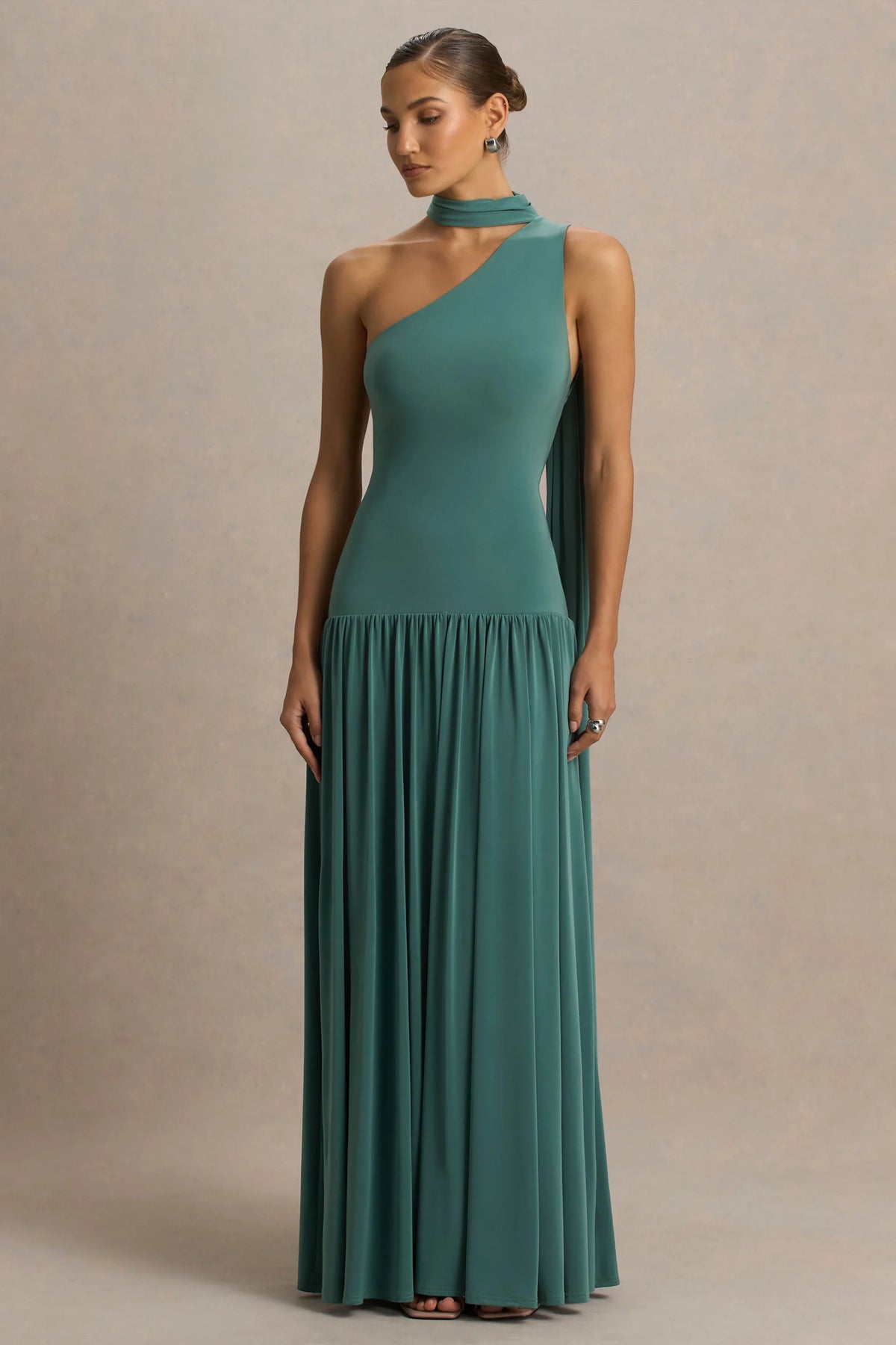 Freesia Teal Asymmetric Neck Maxi Dress With Scarf Detail