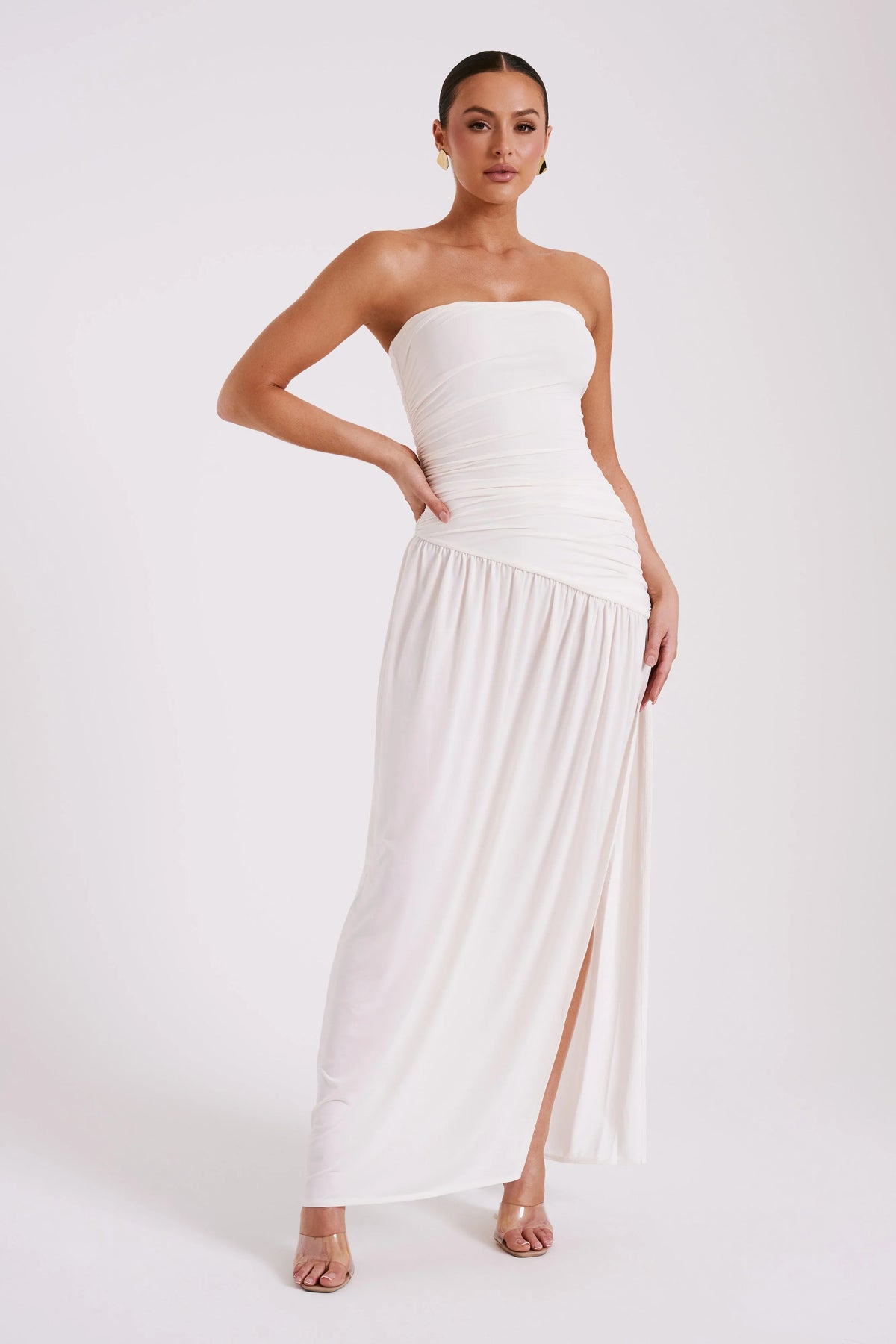 Bex Strapless Slinky Maxi Dress With Split Ivory