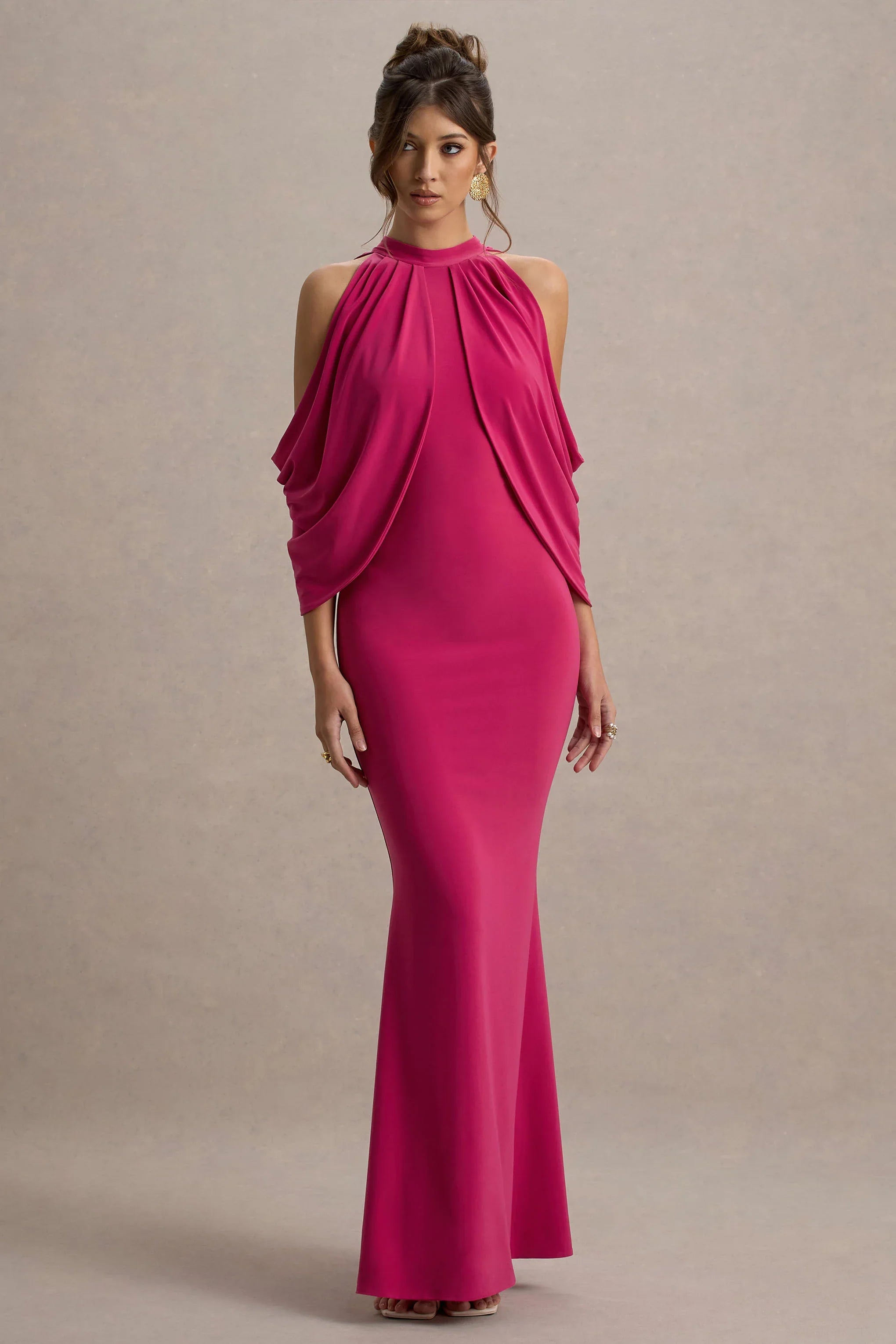 Teresa Hot Pink High Neck Cold Shoulder Maxi Dress