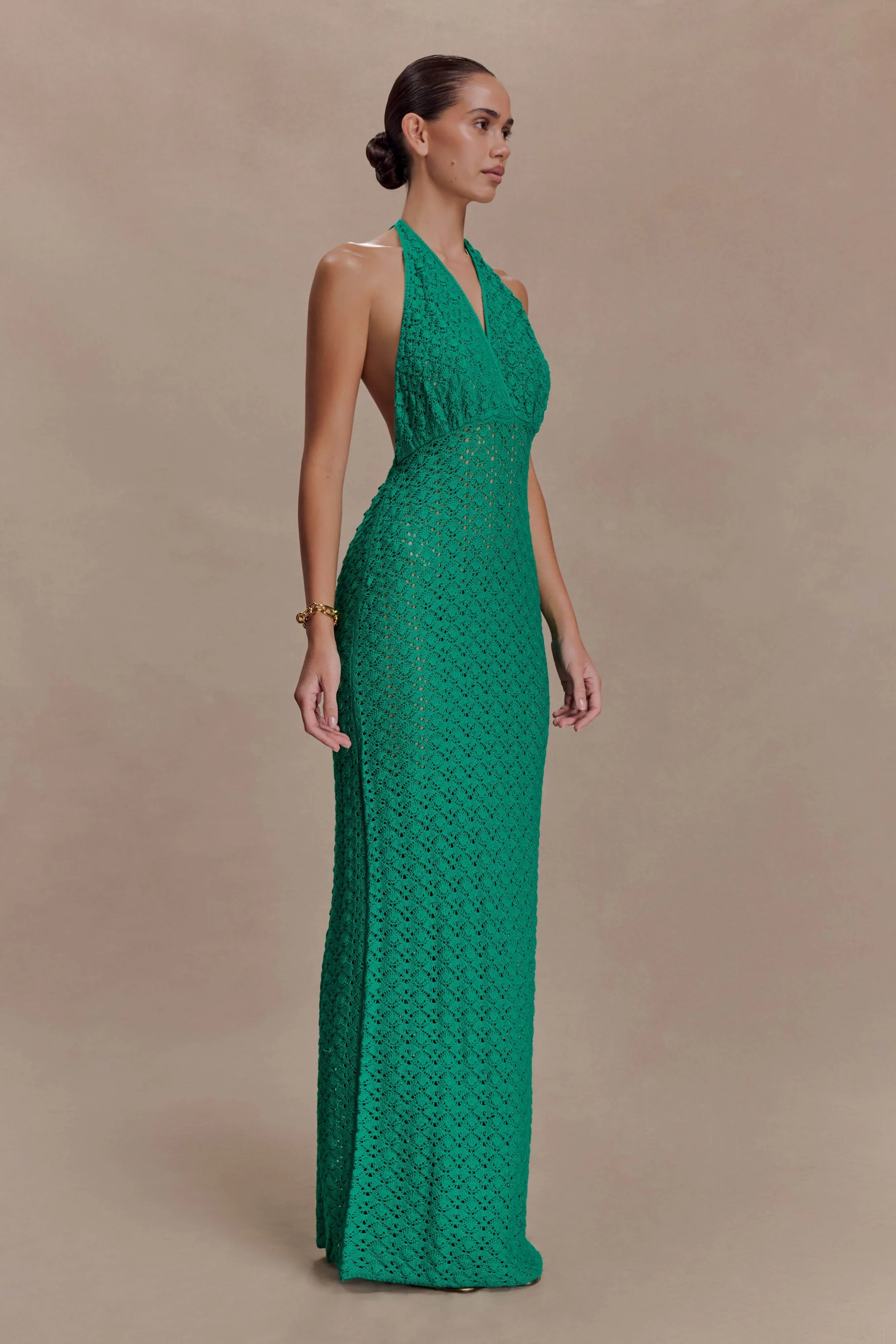 Deeliah Halterneck Crochet Maxi Dress Emerald