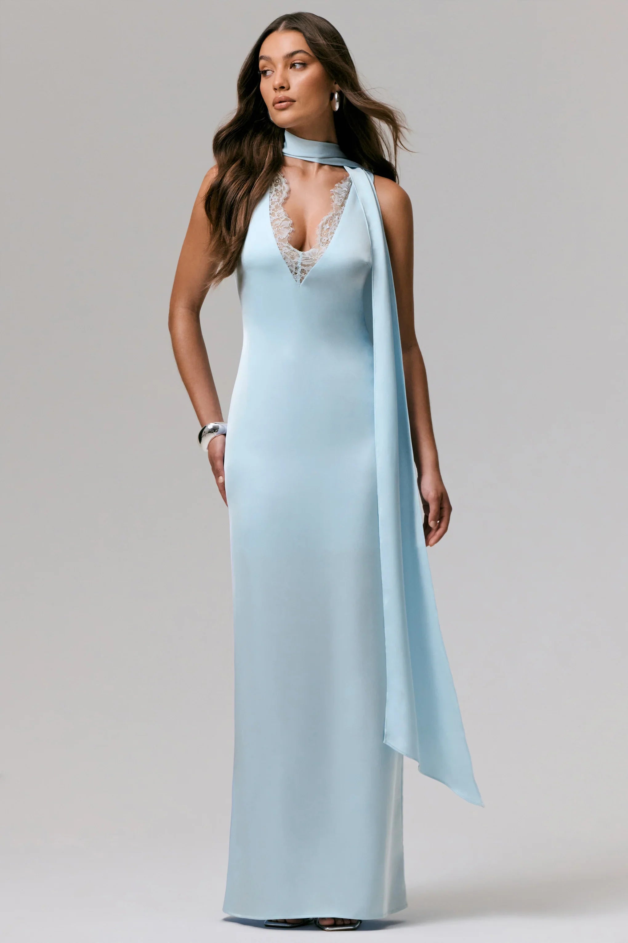 True Icon Powder Blue Satin V Neck Maxi Slip Dress With Sash
