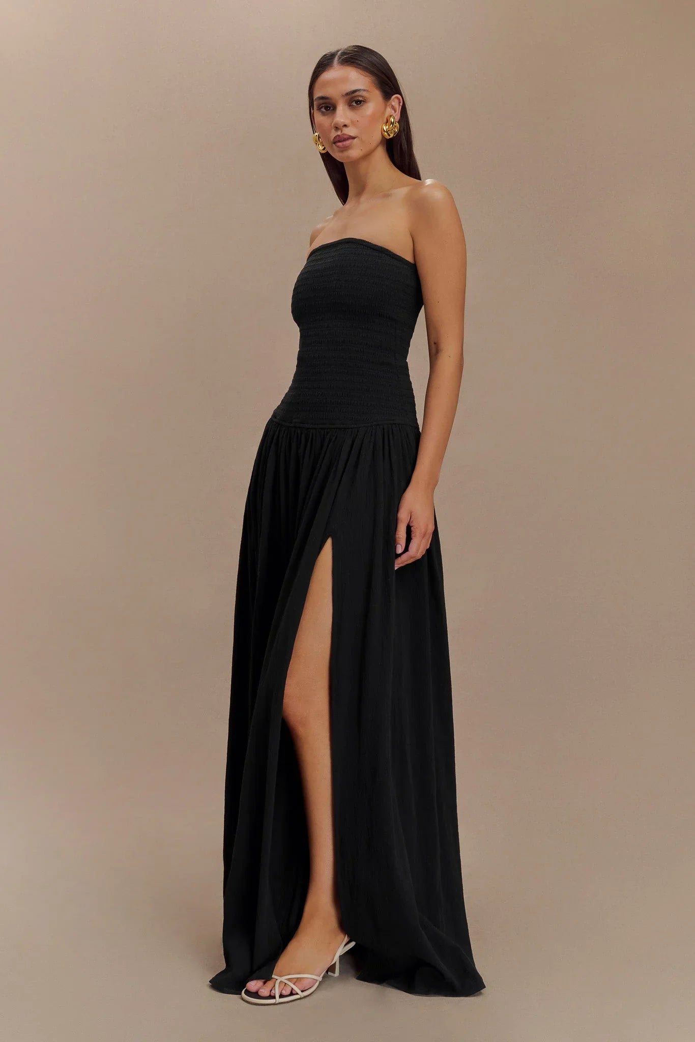 Maureen Cotton Shirring Maxi Dress Black