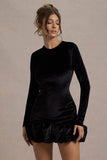Claudine Black Velvet Long Sleeved Ruffled Mini Dress