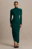 Aneira Bottle Green High Neck Maxi Dress With Cape Sleeves