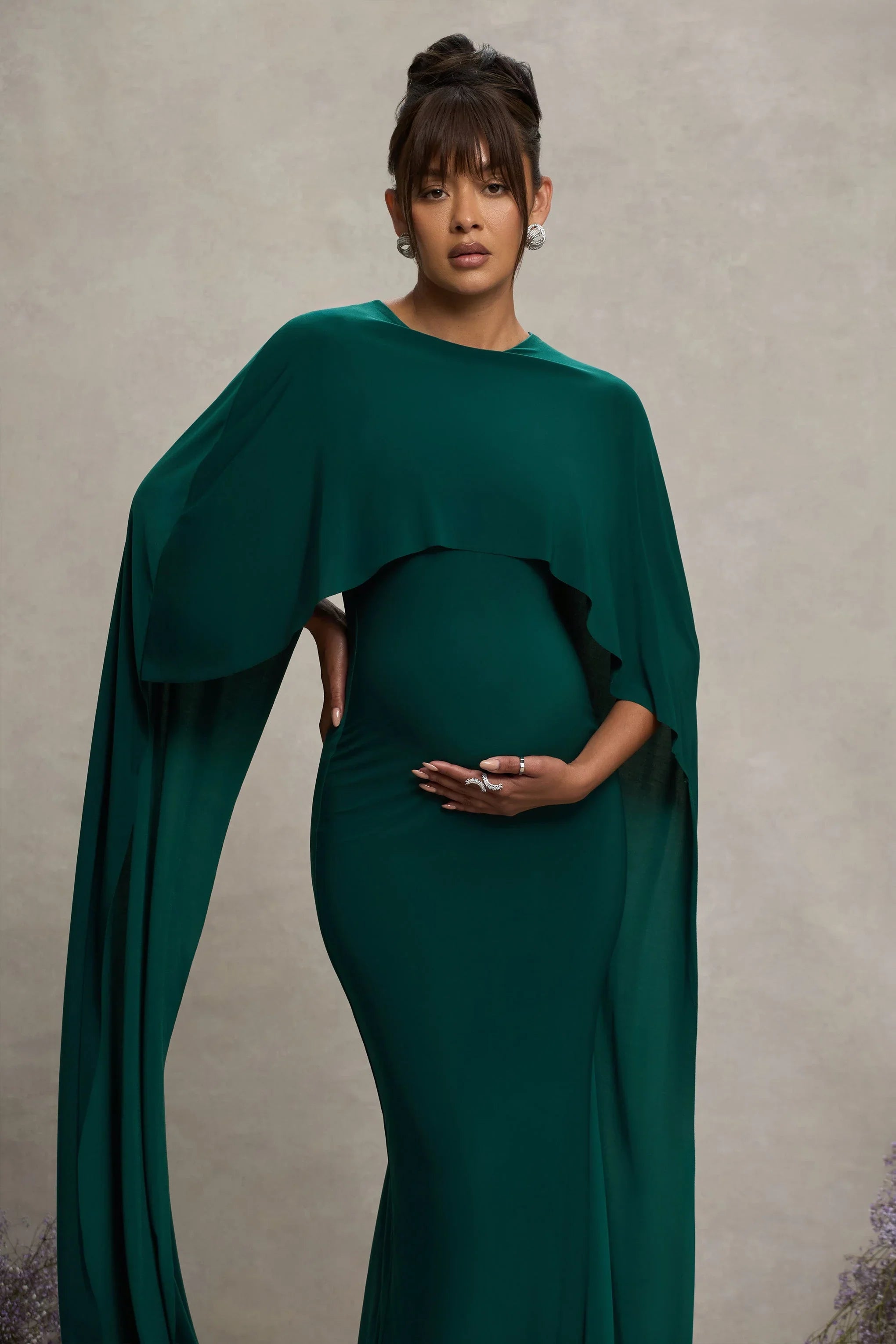 Padma Bottle Green Draped Maternity Maxi Dress With Cape Sleeves