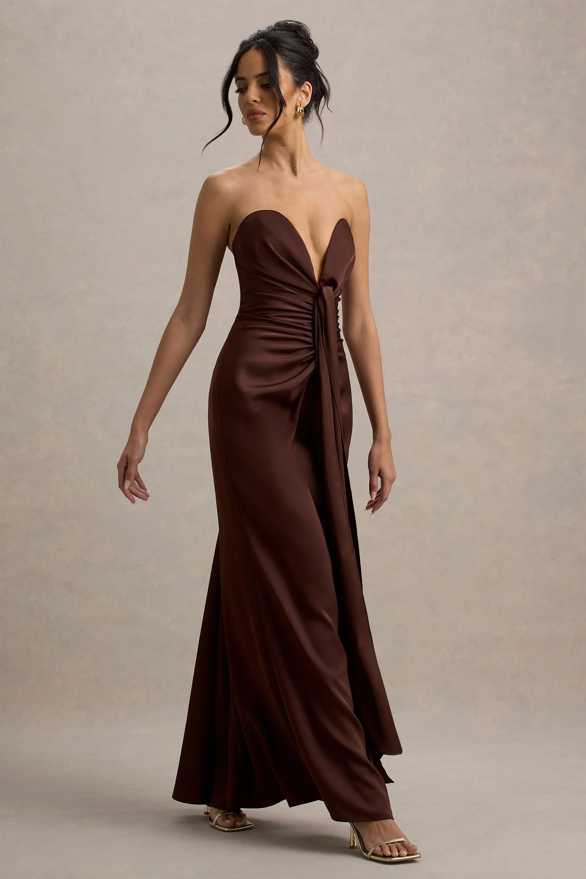 Mackenzie Brown Satin Plunge Neck Draped Maxi Dress